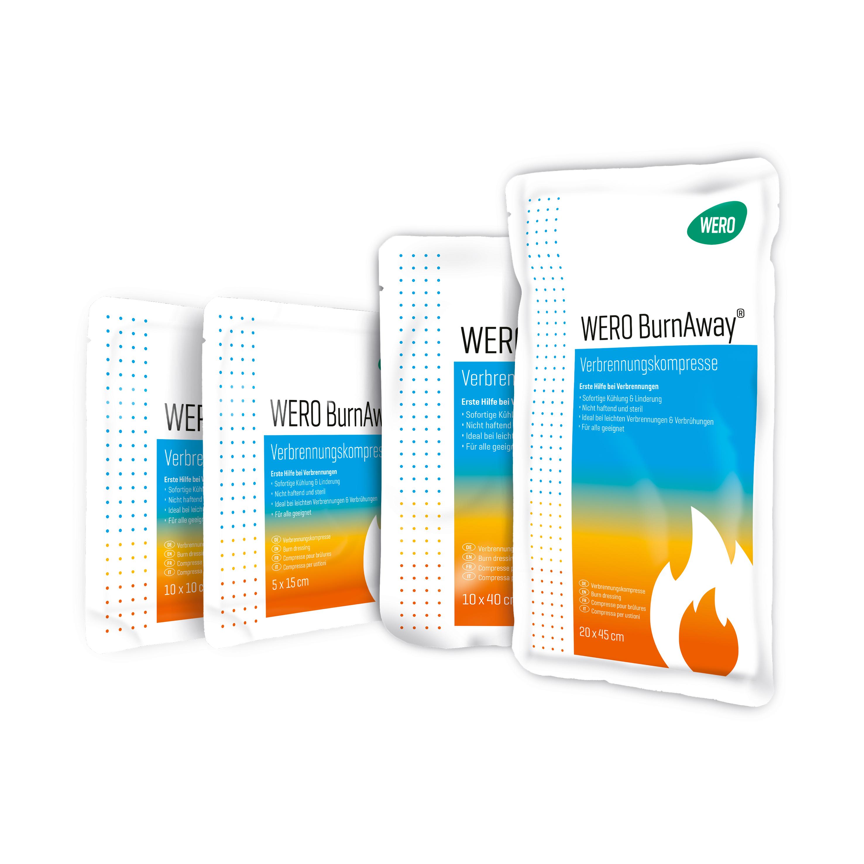Vier unterschiedlich große Beutel der WERO BurnAway® Verbrennungskompresse mit blauer und oranger Verpackung sowie Flammensymbol nebeneinander angeordnet.