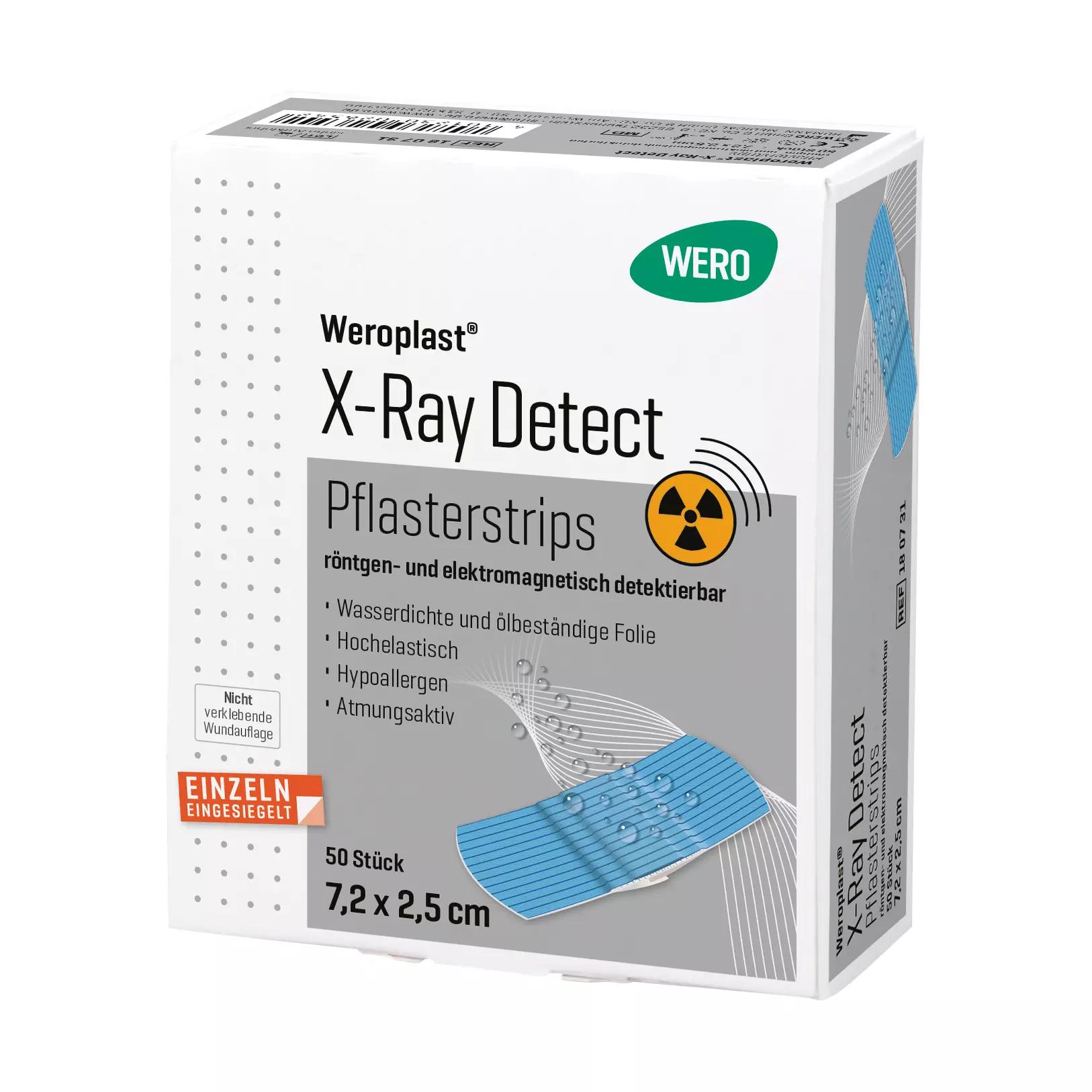 Eine weiße Schachtel Pflasterstrips Weroplast® X-Ray Detect mit blauem Etikett, 7,2 x 2,5 cm groß, für Metall- und Röntgendetektorerkennung.