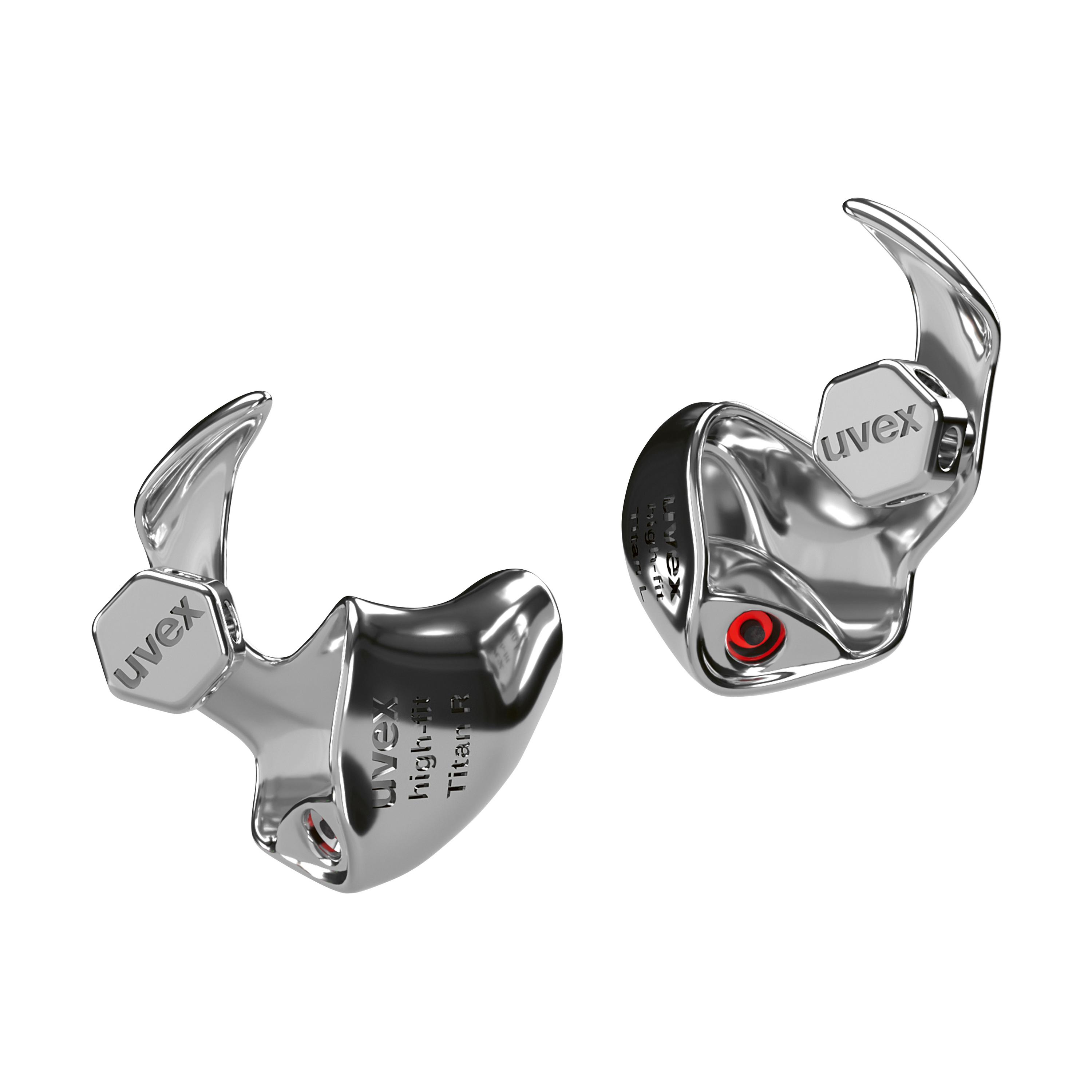 Silberne Uvex TitanR Ohrhörer mit sichtbarem Uvex Logo, Titan-Gehäuse und leuchtender roter LED in einem Earbud.