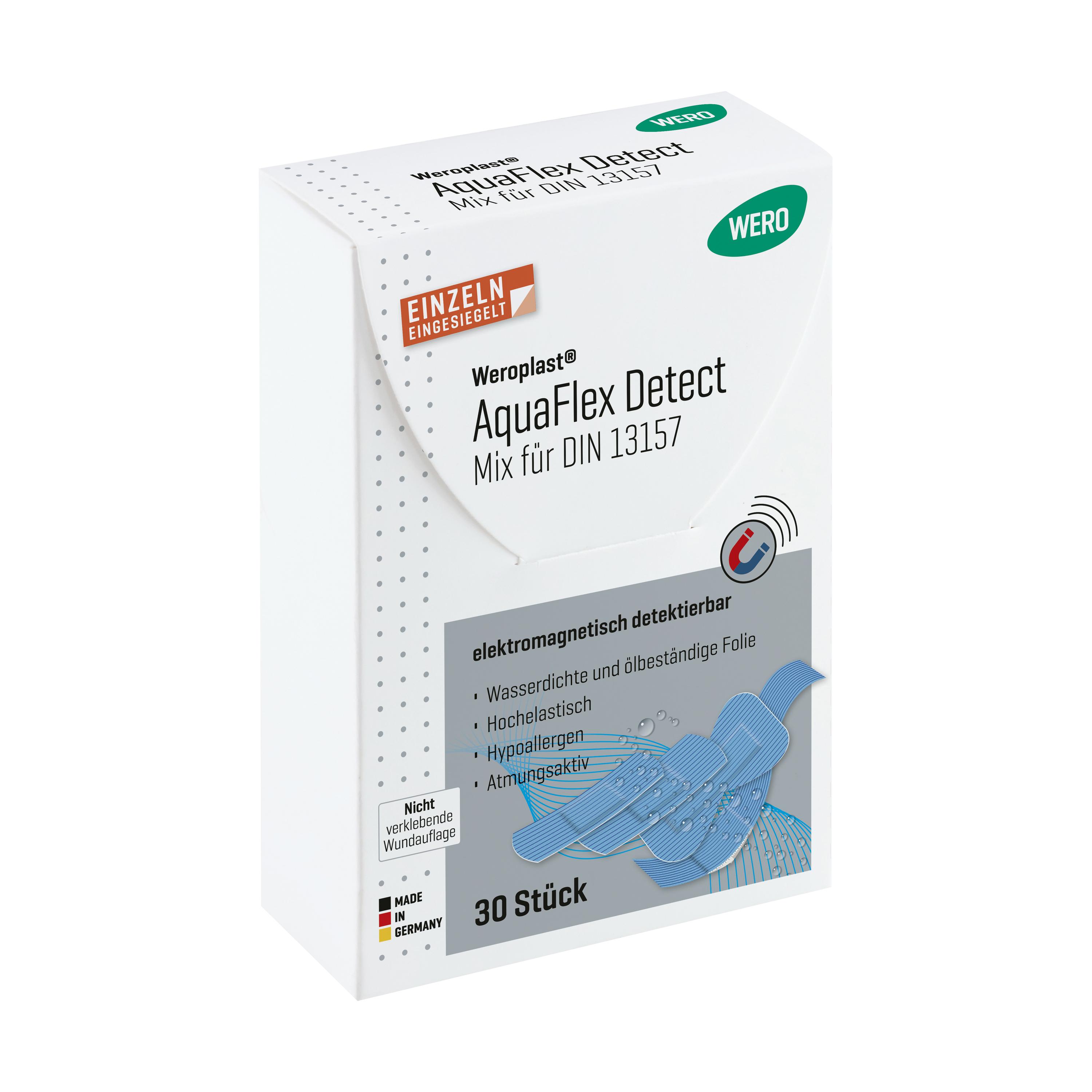 Weiß-blaue Verpackung von Weroplast® AquaFlex Detect Pflaster - Mix DIN 13157 mit Hinweis auf wasserdichte, detektierbare, blaue Pflaster und 30 Stück Inhalt.