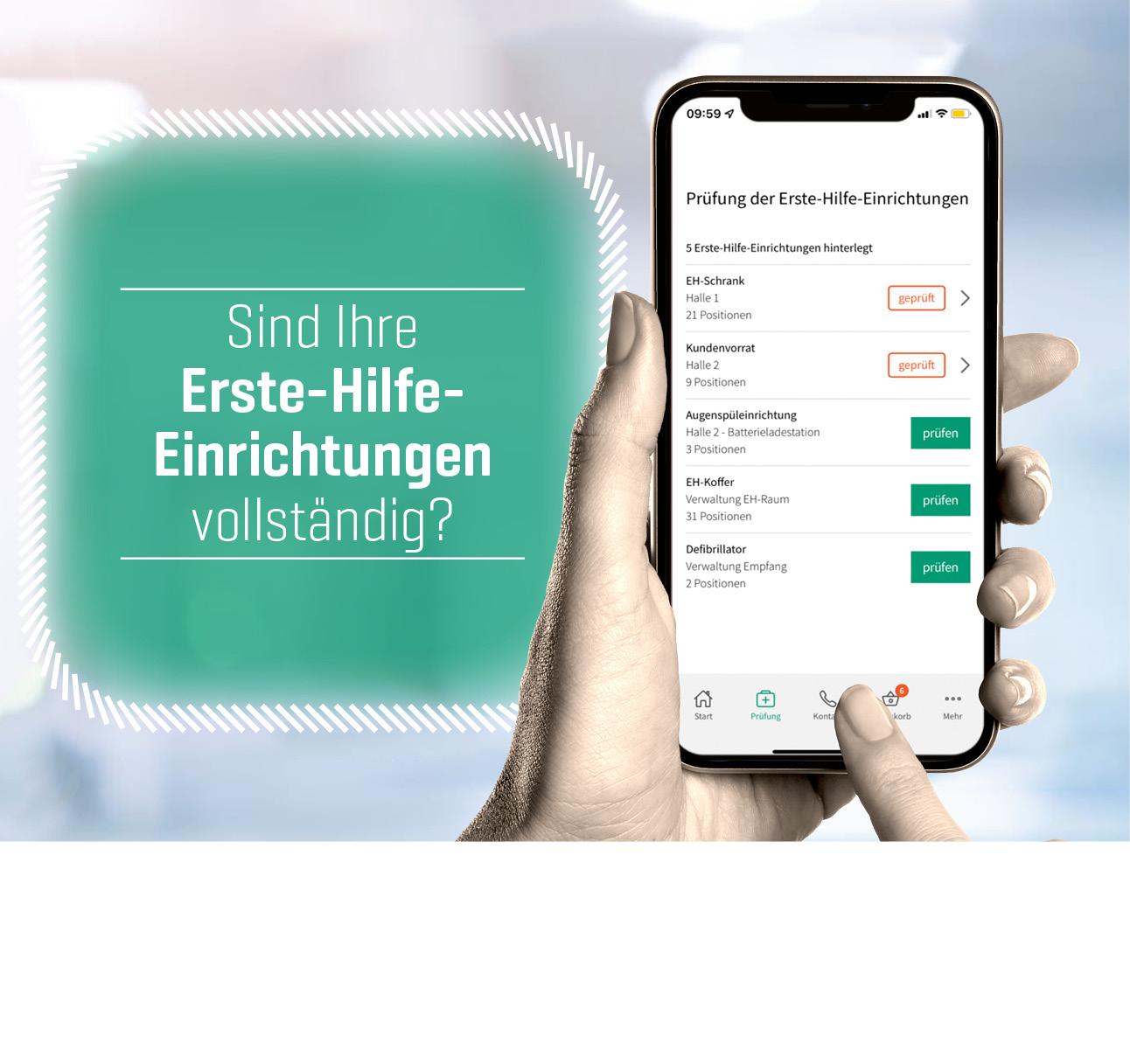 Übersicht WERO App. Schriftzug "Sind Ihre Erste-Hilfe-Einrichtungen vollständig?". Abbildung iPhone mit geöffneter WERO App auf dem Bildschirm.