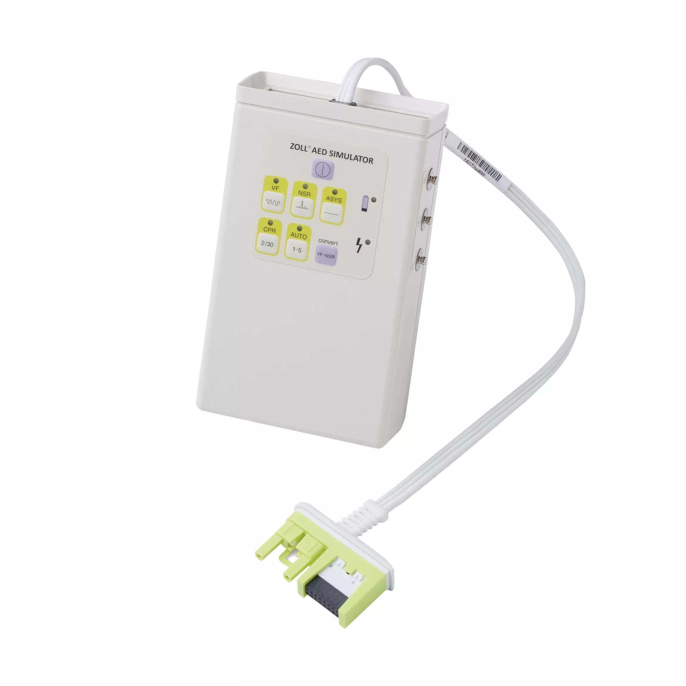Ein Simulator für ZOLL AED Plus®, AED 3® und AED Pro® mit Bedienfeld und gelbem Anschlusskabel zur Simulation diverser Reanimationsschritte.