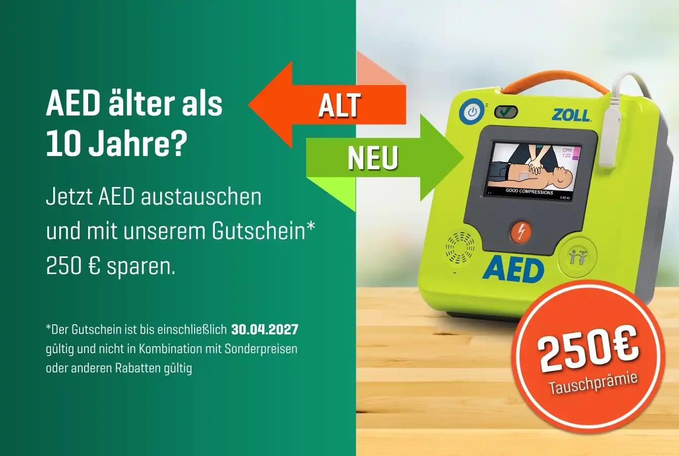 Grünes ZOLL AED-Gerät mit Bildschirmtext „GOOD COMPRESSIONS“, neben Werbetext und roter 250€ Tauschprämie-Markierung.