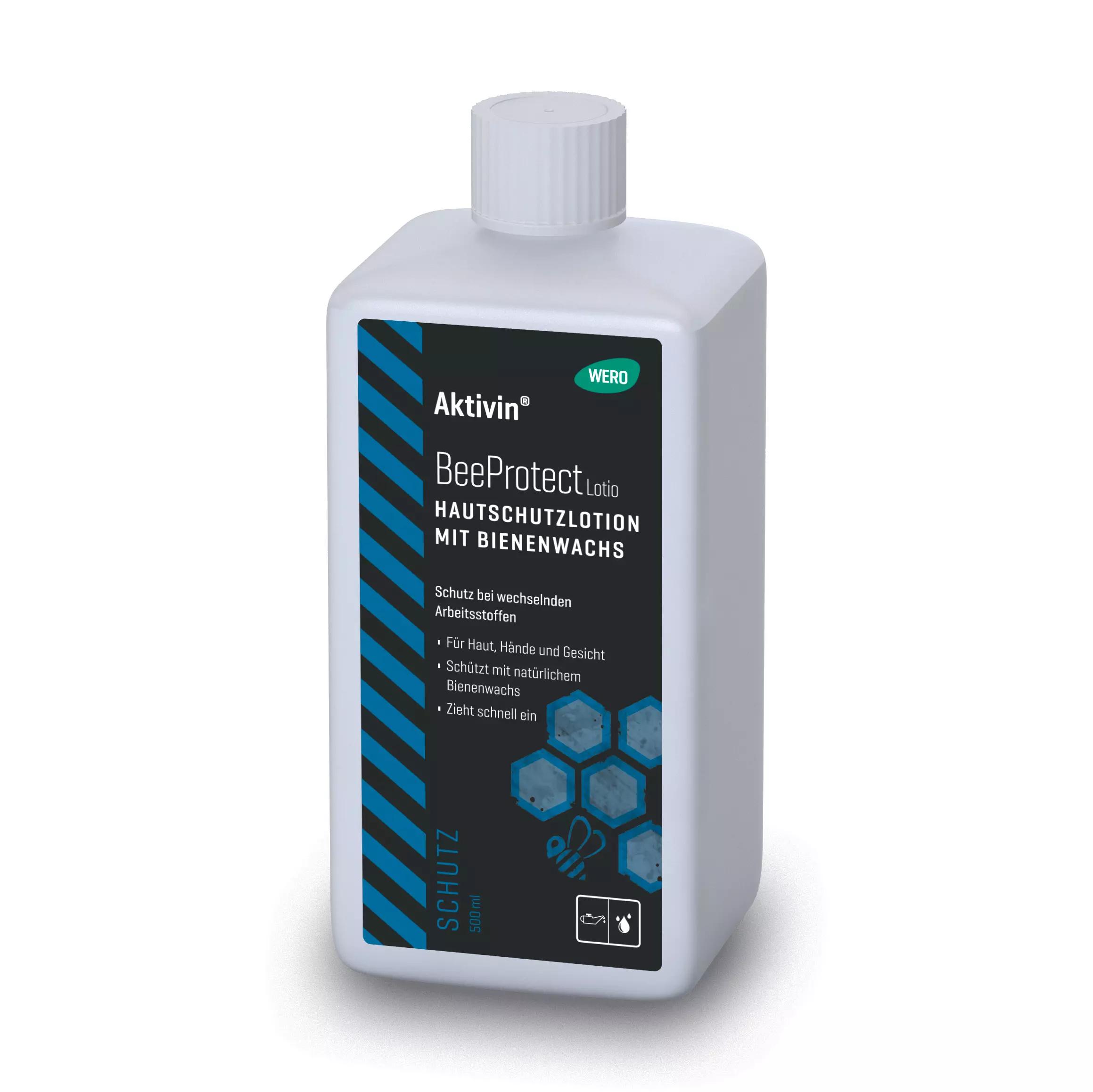 Weiße Flasche Hautschutzlotion Aktivin® BeeProtect Lotio 500 ml mit Streifenetikett, Bienenwachs-Grafik und Aufschrift, steht aufrecht.