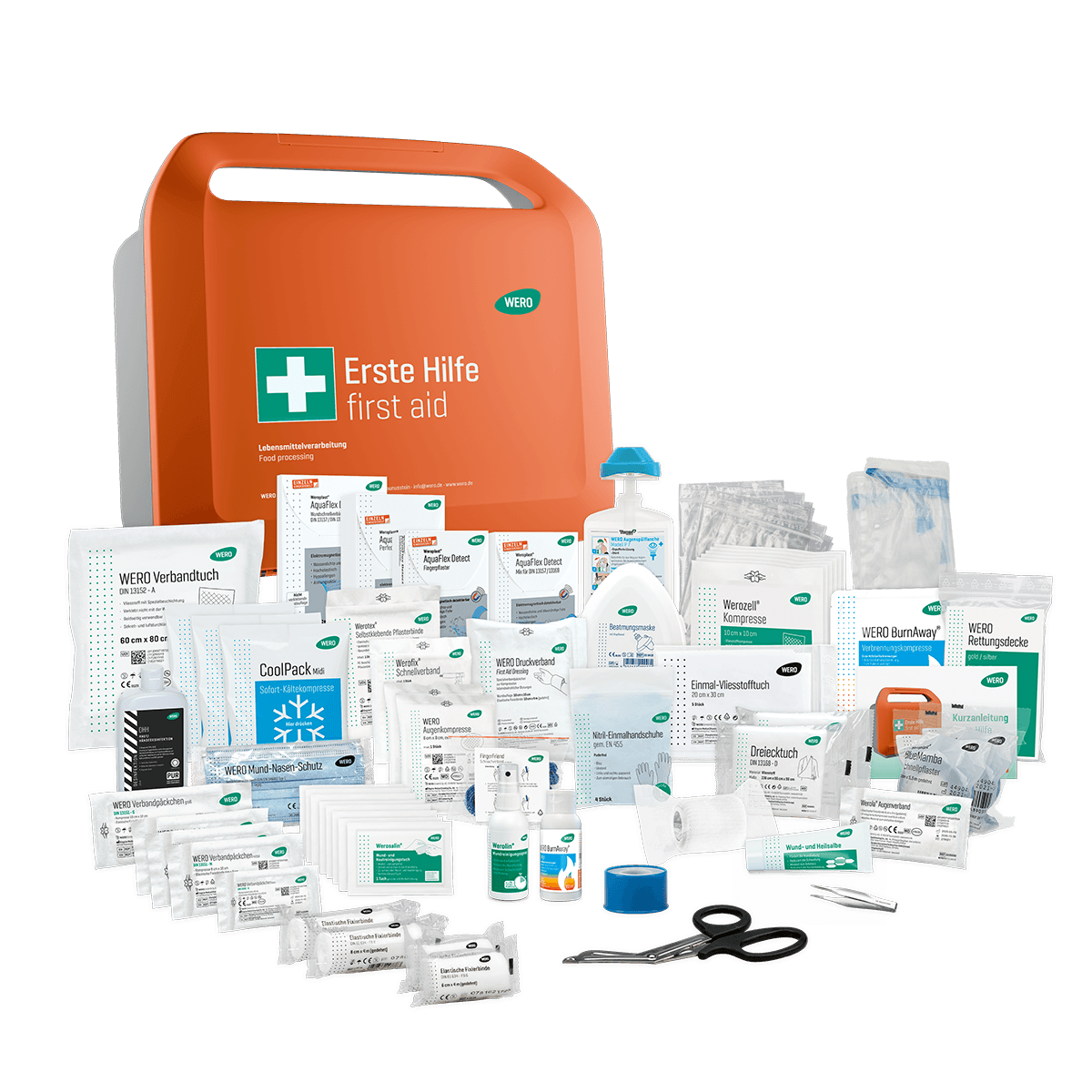 Oranger Erste-Hilfe-Kasten mit Aufschrift, gefüllt mit Pflastern, Mullbinden, Desinfektionstüchern und Schere.