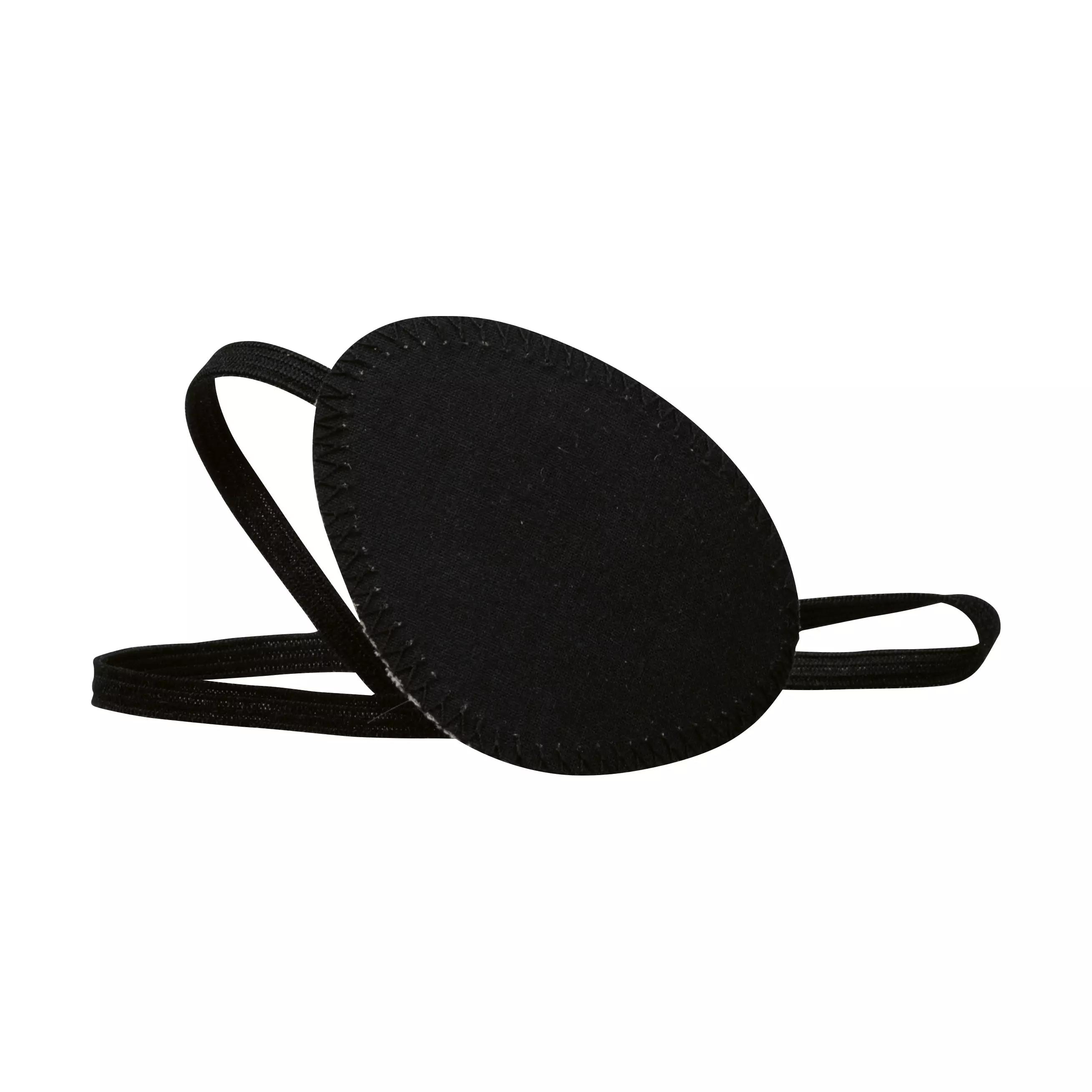Schwarze Augenklappe aus Baumwolle mit geschwungenem, elastischem Band, ovale Form und weicher, konturanpassender Verarbeitung.