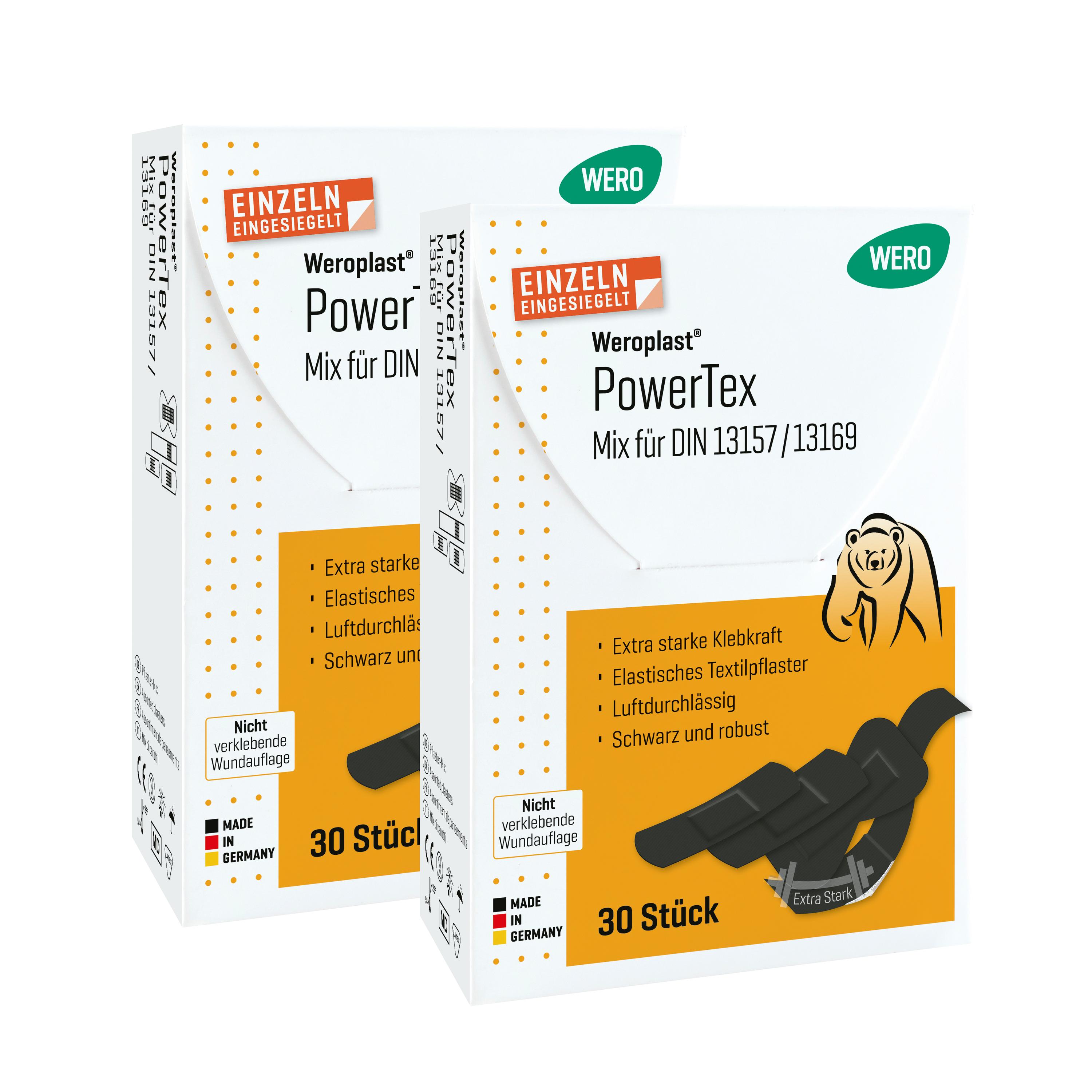 Zwei Kartons Weroplast® PowerTex Pflaster - Mix DIN 13169 mit extra starker Klebkraft, schwarzem textilem Gewebe und längs- sowie querelastischer Ausstattung.