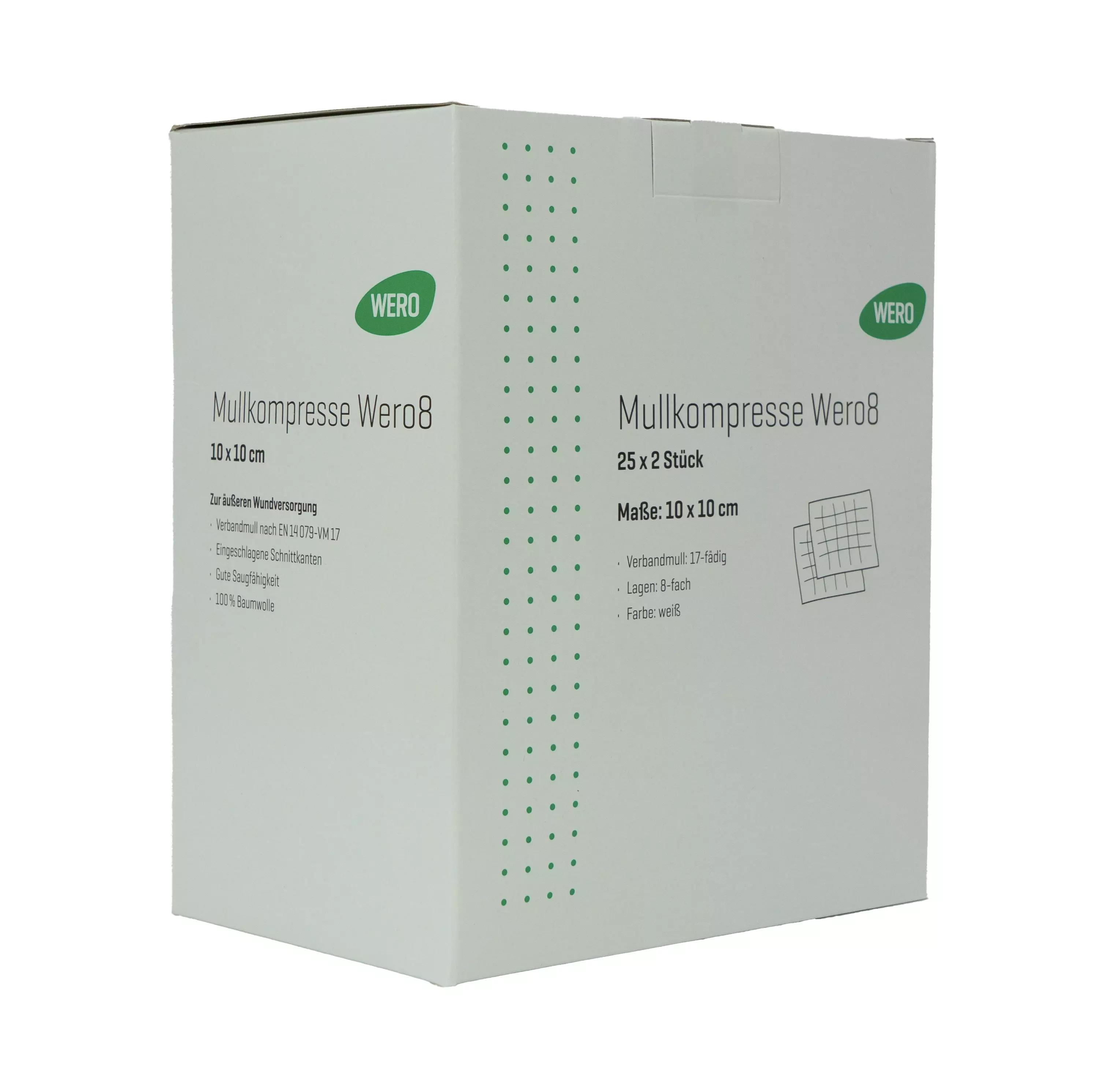 Grüne Verpackung der Mullkompresse Wero8, 10 x 10 cm, steril, 25 x 2 Stück, 100 % Baumwolle, gemäß EN 14079-VM 17.