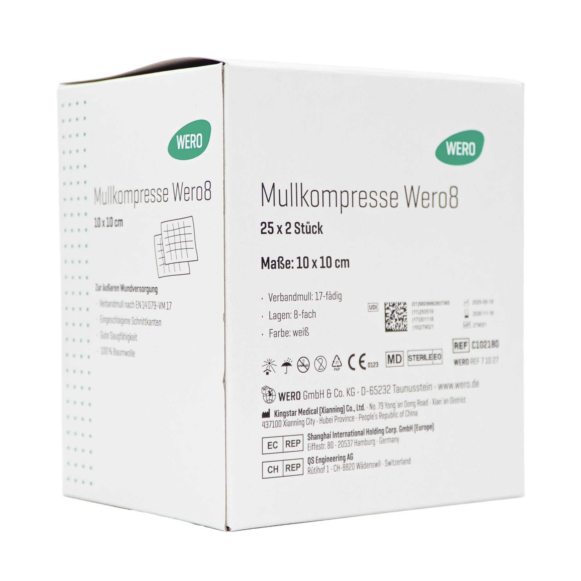 Grüne Verpackung der Mullkompresse Wero8, 10 x 10 cm, steril, 25 x 2 Stück, 100 % Baumwolle, gemäß EN 14079-VM 17.