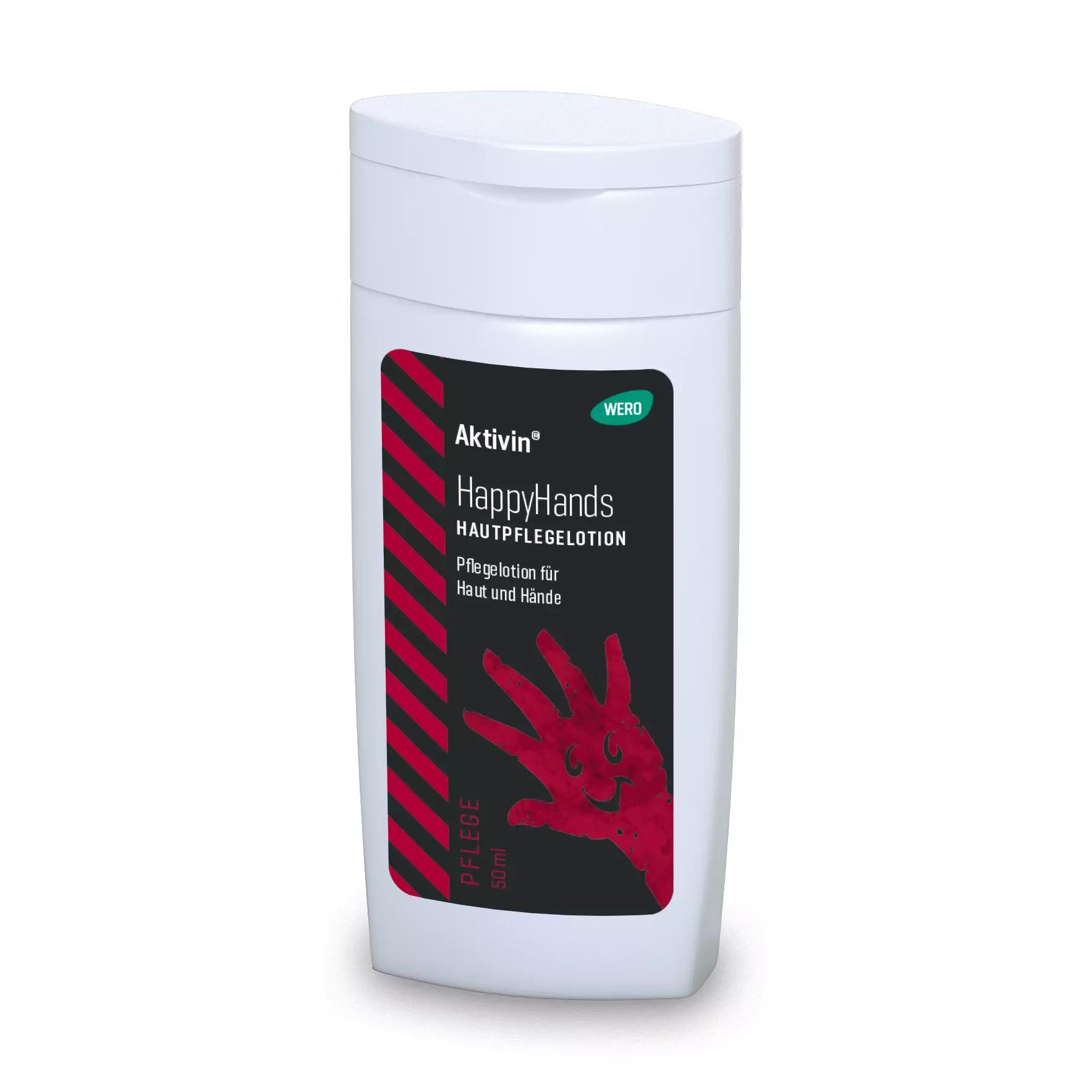 Weiße Flasche Hautpflegelotion Aktivin® HappyHands – 50 ml mit rotem Handmotiv auf dem Etikett, feuchtigkeitsspendend, zieht schnell ein, ohne zu fetten.