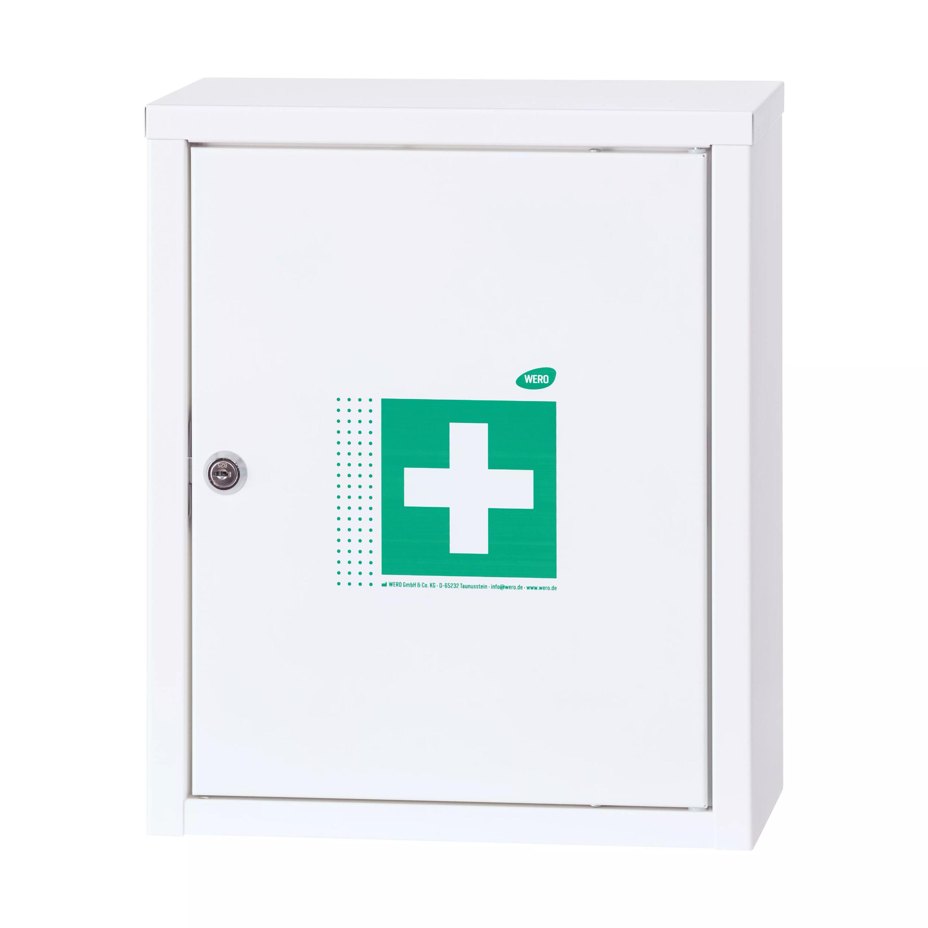 Weißer WERO Verbandschrank MiniDuo 20 mit grünem Kreuz, silbernem Schloss, strukturiertem Türmuster und feststehendem Zwischenboden.