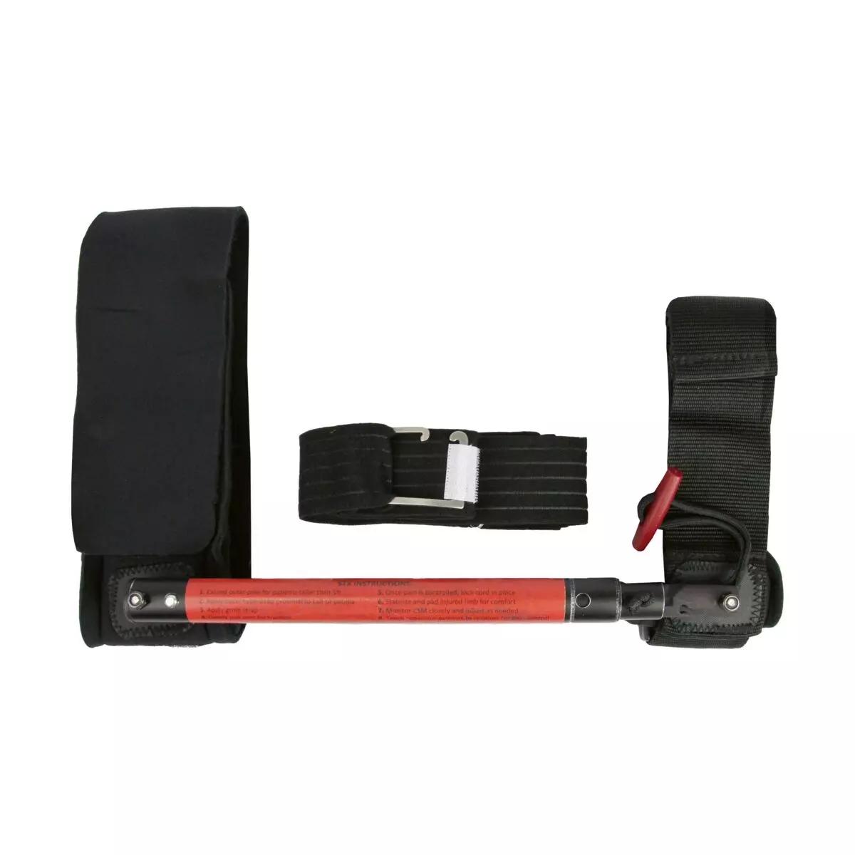 Rote, flexible Slishman Traction Splint - COMPACT (STS-C) mit schwarzem Griff und zwei verstellbaren Riemen zur präzisen Oberschenkel-Traktion.