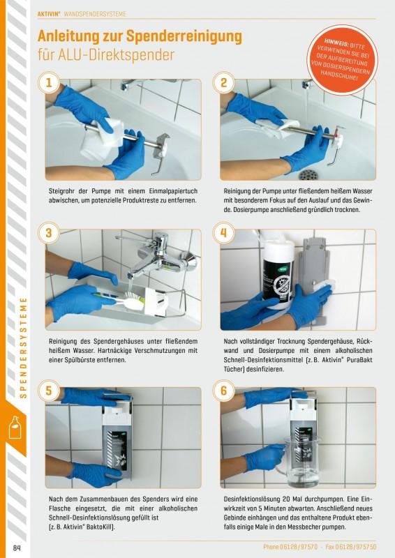 Reinigungshinweise für das Aldi Direct Spender System in sechs Schritten mit Bildern zur Desinfektion und Entsorgung der Flüssigkeiten.