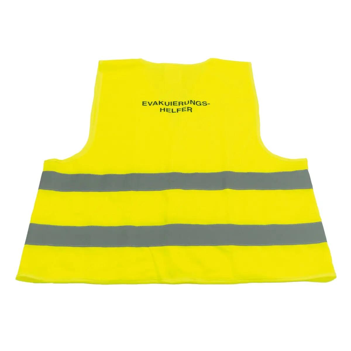 Warnweste für Evakuierungs-Helfer in leuchtgelb mit zwei grauen Reflexstreifen und großem Rückenaufdruck „EVAKUIERUNGS-HELFER“