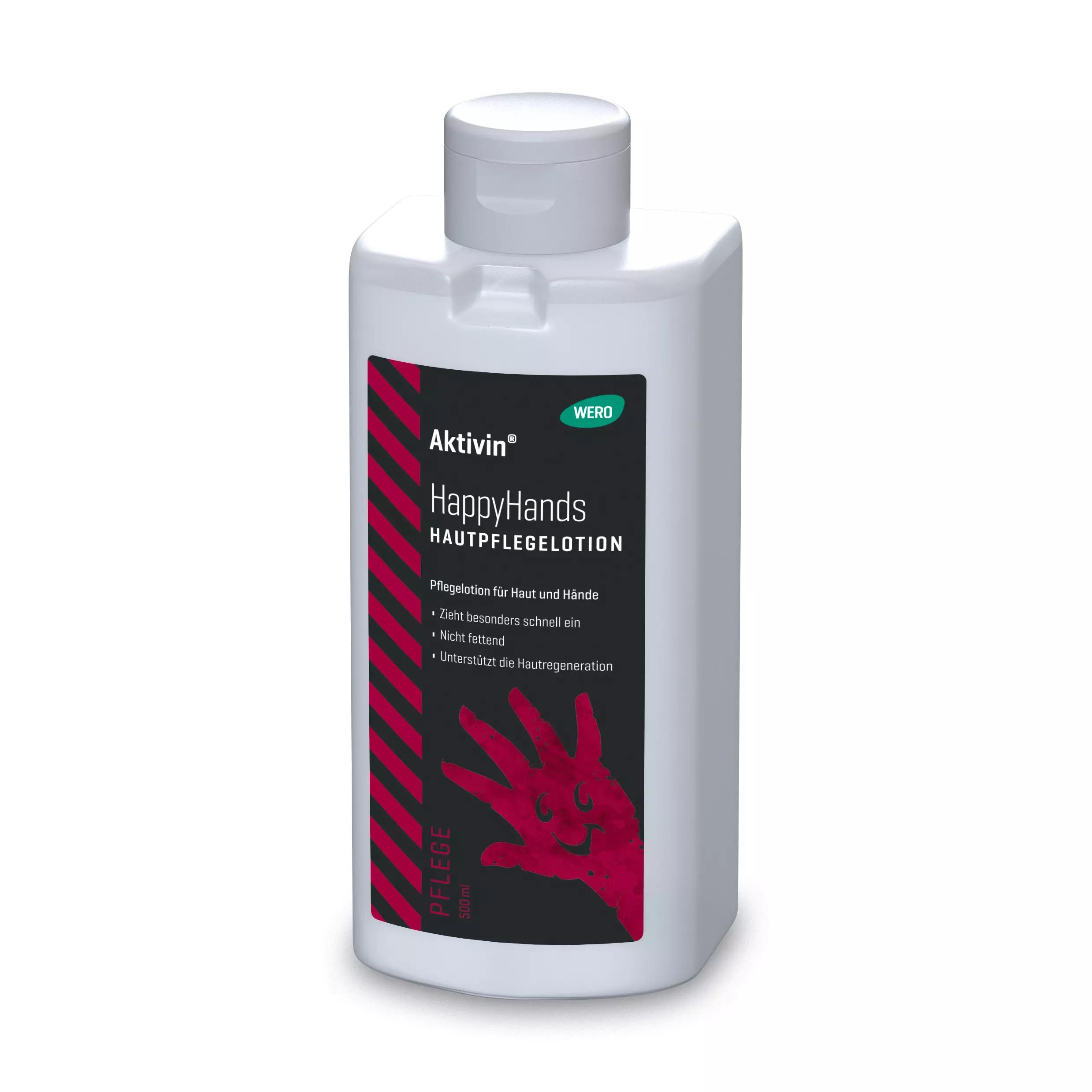 Weiße Flasche Hautpflegelotion Aktivin® HappyHands 500 ml mit rotem Etikett, Allantoin, schnell einziehend, feuchtigkeitsspendend, Flip-Top-Verschluss.