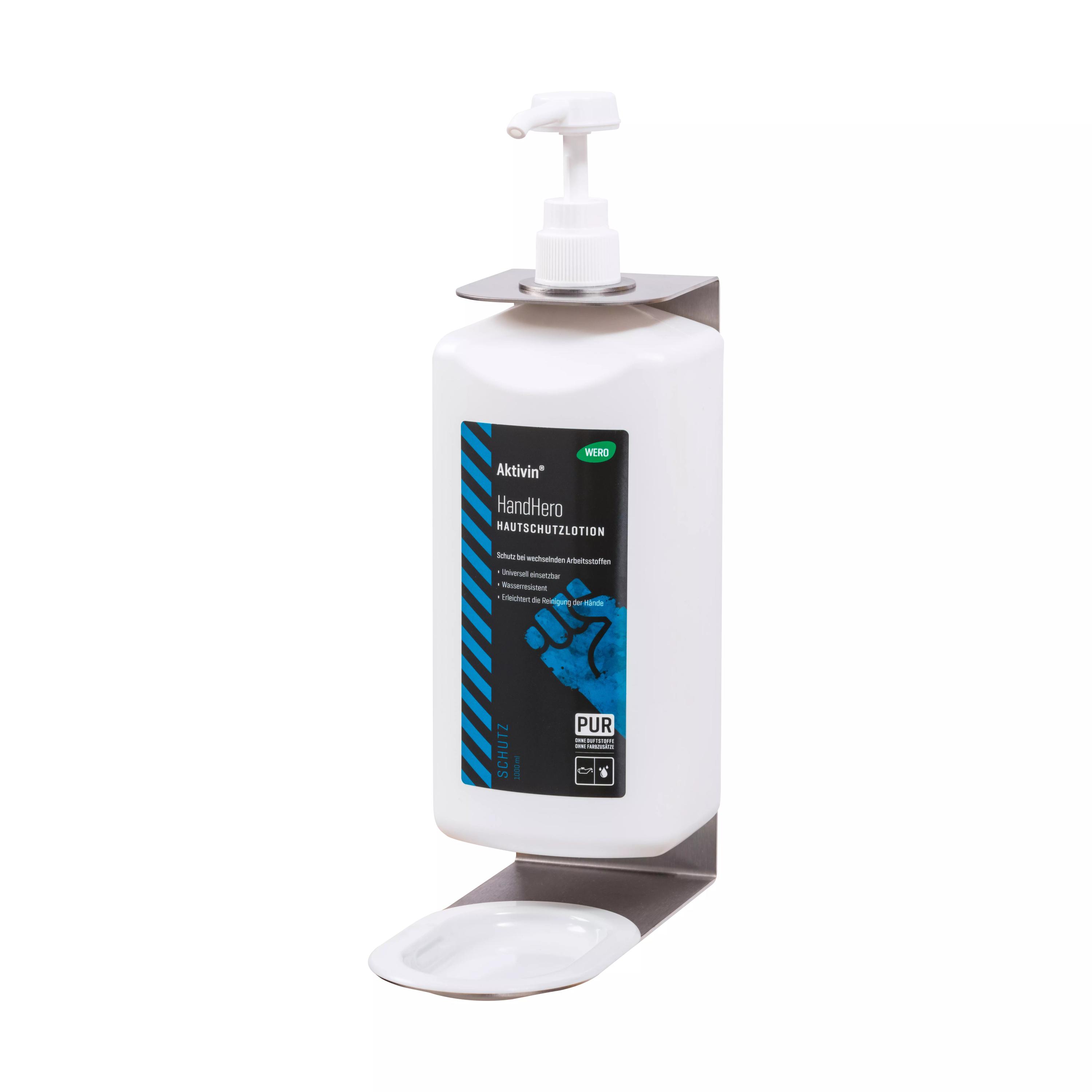 Weißer WERO Flaschenhalter für 500 / 1000 ml Euroflaschen mit Pumpaufsatz, montiert auf silbernem Standfuß und verstellbar für verschiedene Flaschenhalsweiten.