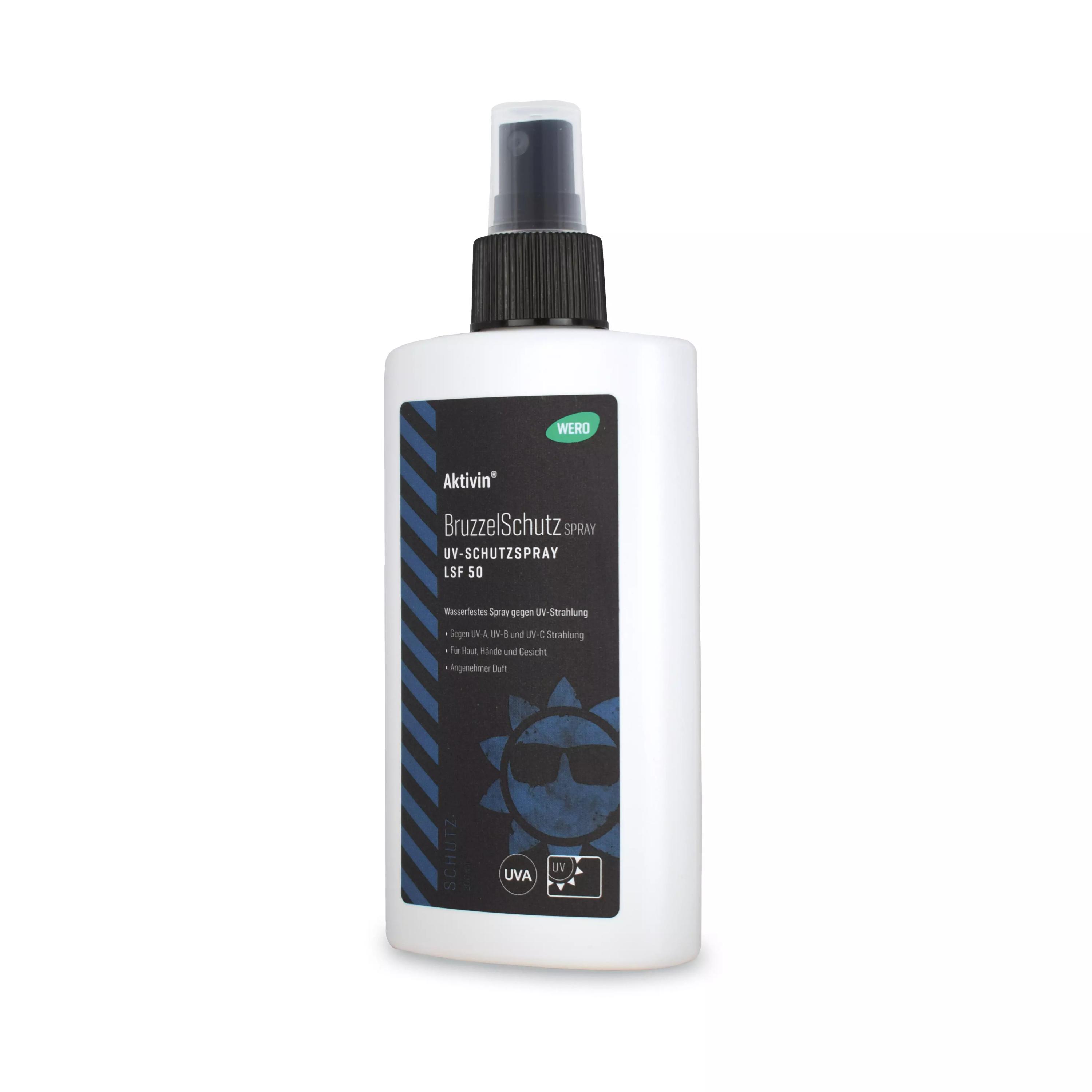 Weiße Flasche Aktivin® BruzzelSchutz UV-Schutzspray mit schwarzem Sprühkopf, blauem Etikett und UVA 50 Kennzeichnung, 200 ml Inhalt.