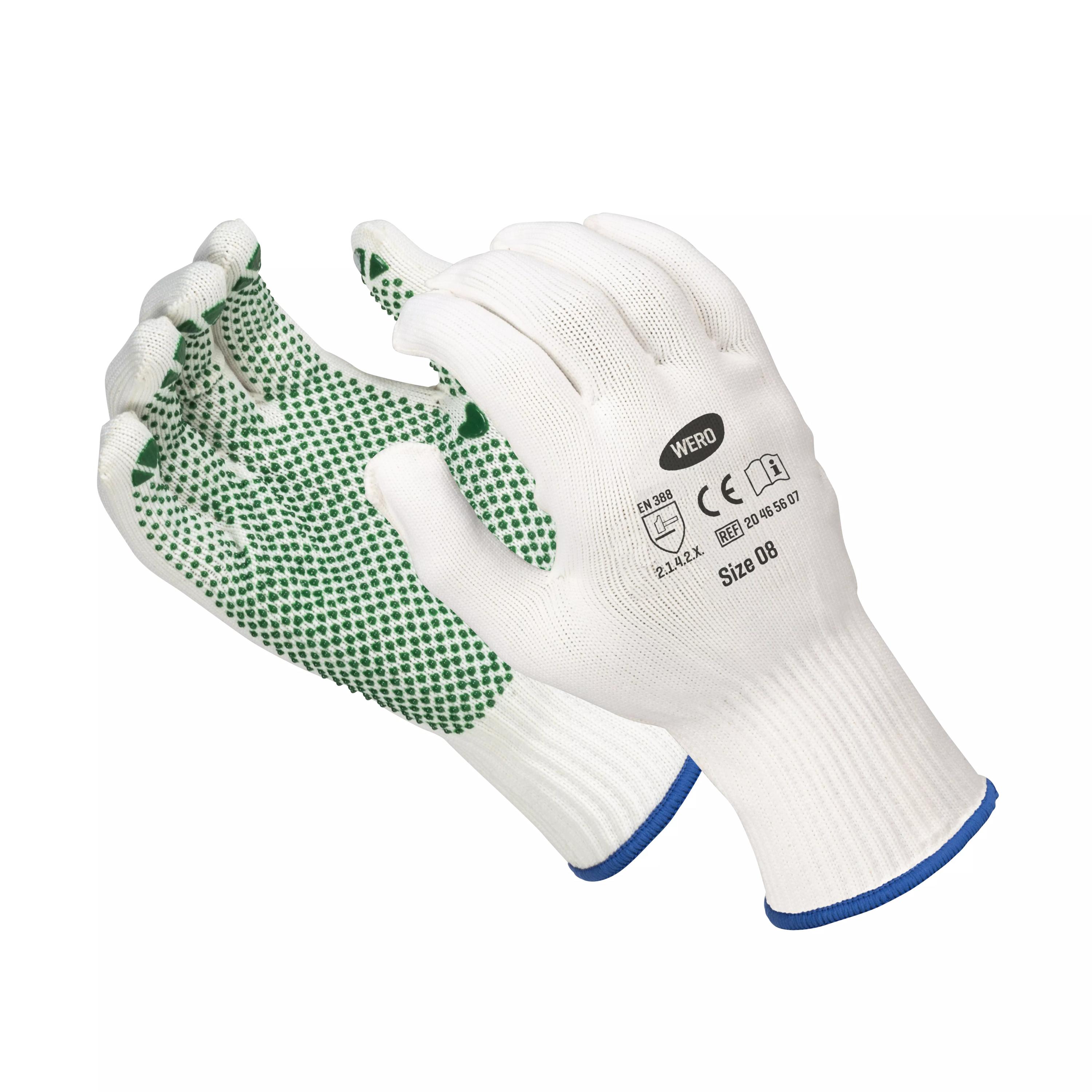 Weiße Feinstrickhandschuhe WERO Premium Grip mit grünen Noppen an Handinnenflächen und Fingerkuppen, blaue Einfassung, Größe 10.