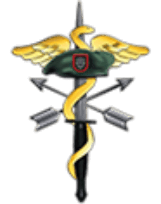 Schwarzes Schwert mit gelber Schlange, grünes Barett mit rotem Totenkopf und gekreuzte silberne Pfeile am Griff