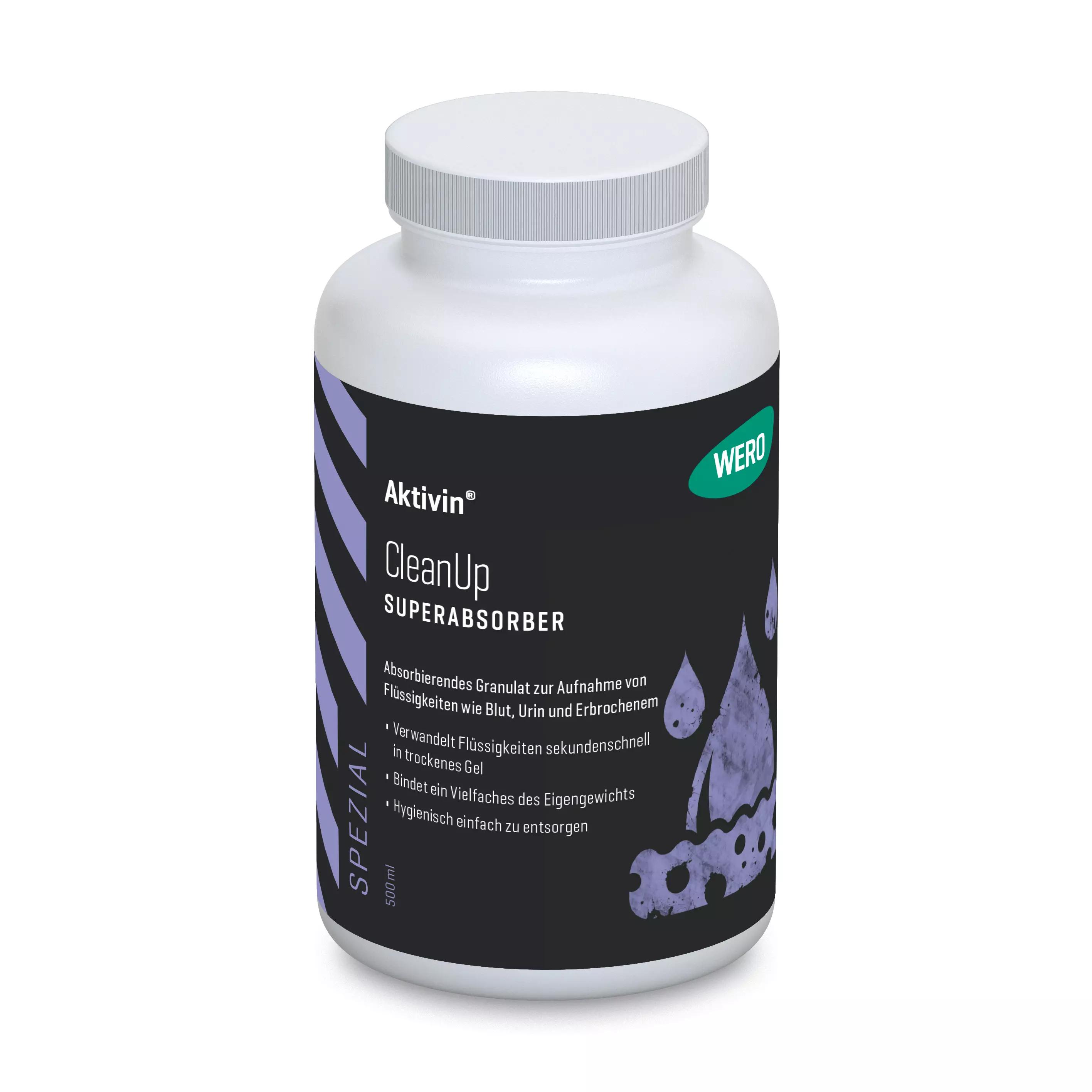 Eine 500-ml-Dose Superabsorber für Flüssigkeiten Aktivin® CleanUp mit schwarz-lila Etikett, geeignet zum schnellen Binden von Blut, Urin oder Erbrochenem.