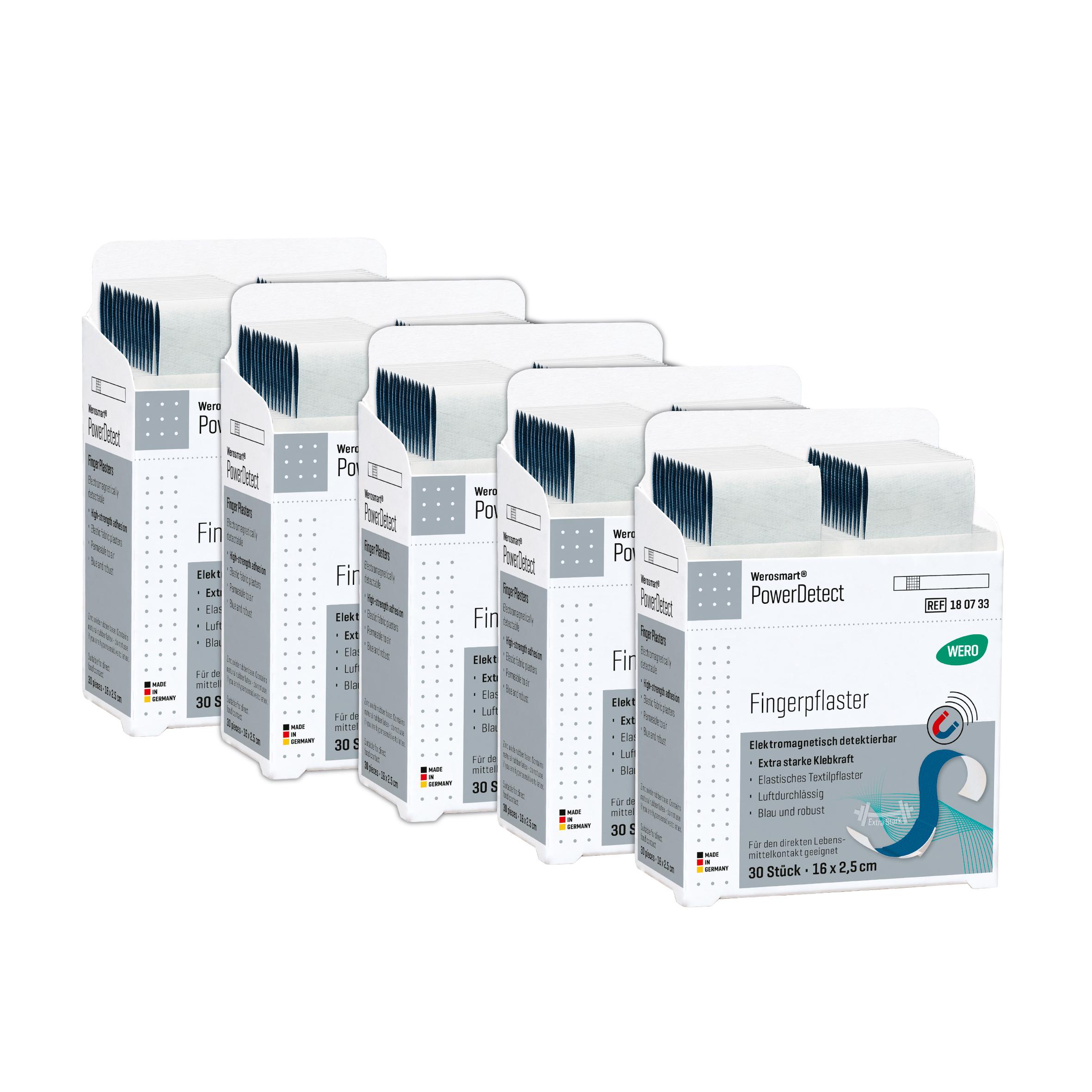 Fünf Werosmart® PowerDetect Pflasterspender-Einsätze Fingerpflaster, blau, extra starke Klebkraft, elektromagnetisch detektierbar, nebeneinander angeordnet.