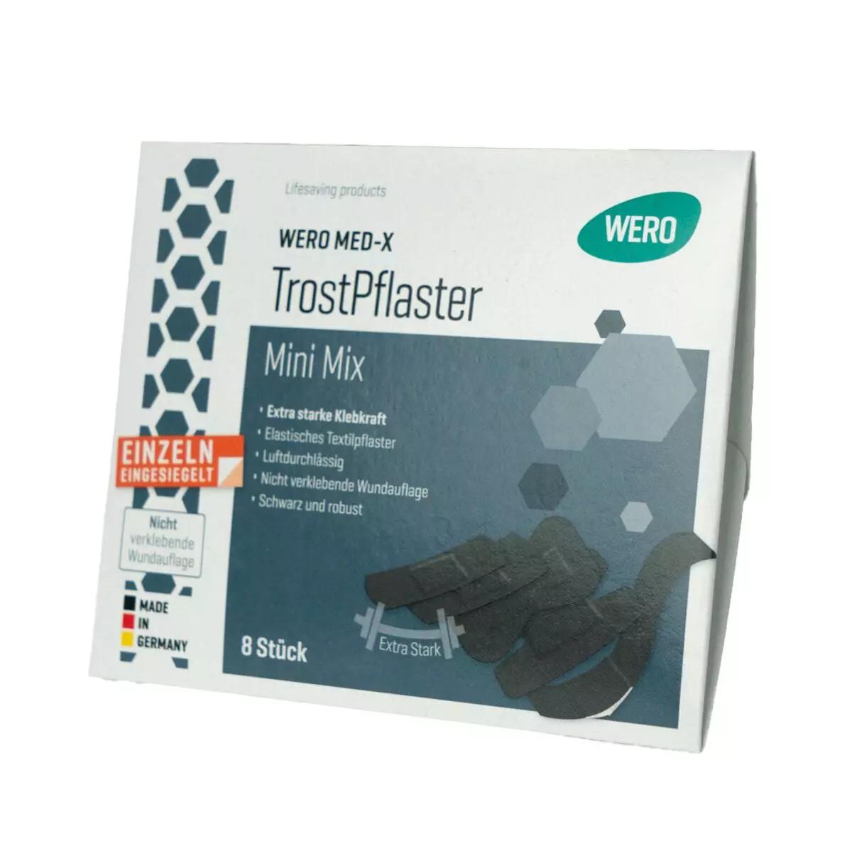 Eine weiße Verpackung des WERO MED-X® TrostPflaster Mini Mix mit Hinweis auf extra starke Klebkraft, schwarzes textiles Gewebe und querelastische Pflaster.