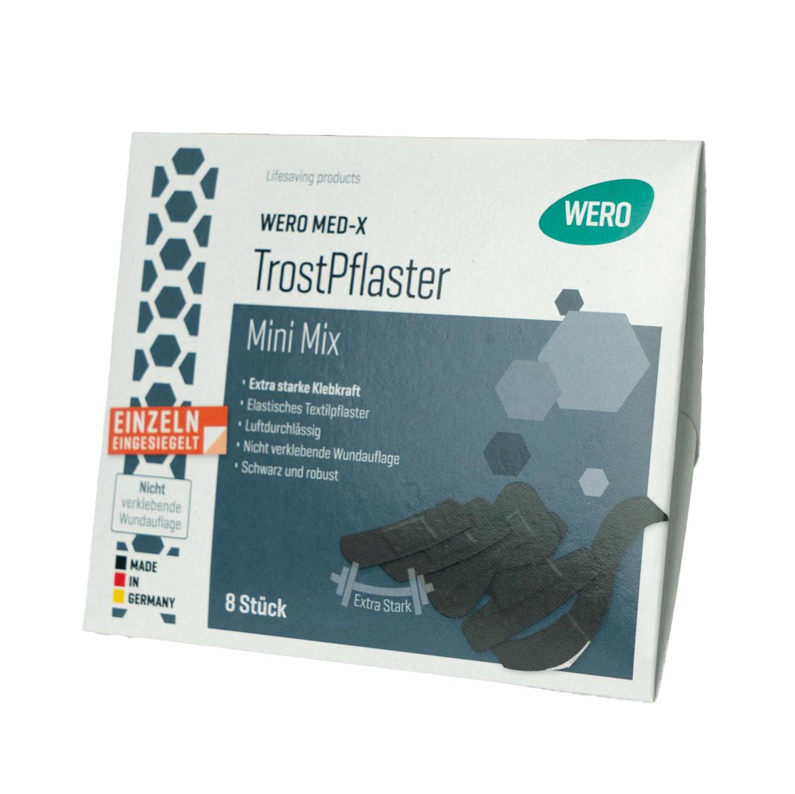 Eine weiße Verpackung des WERO MED-X® TrostPflaster Mini Mix mit Hinweis auf extra starke Klebkraft, schwarzes textiles Gewebe und querelastische Pflaster.