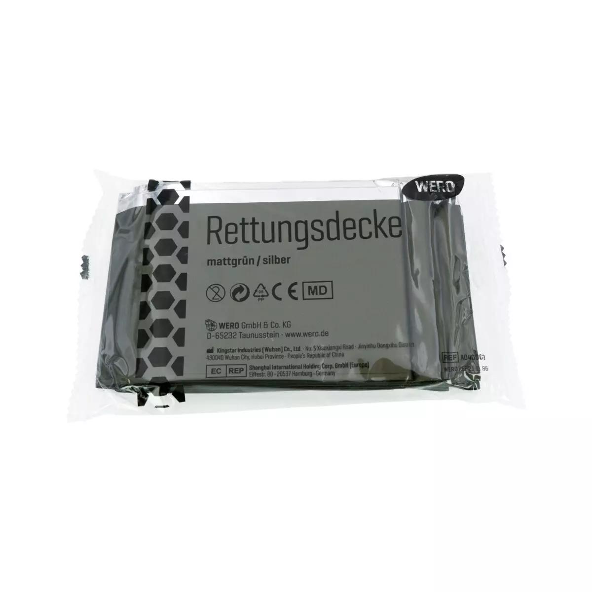 WERO MED-X® Rettungsdecke in grauer und silberner Folie, leicht, flexibel, reflektiert bis zu 90 % Körperwärme, luftdicht verpackt.