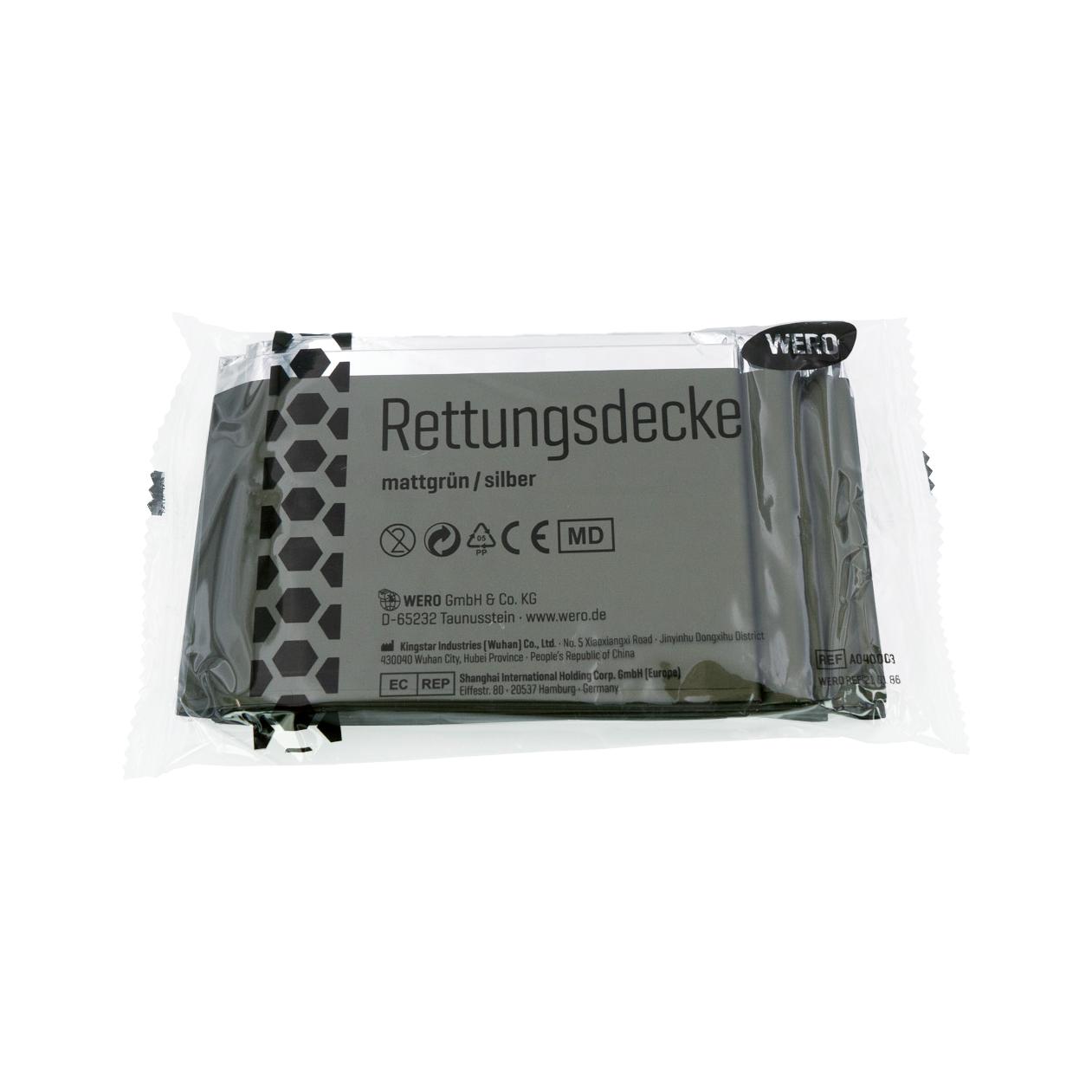 WERO MED-X® Rettungsdecke in grauer und silberner Folie, leicht, flexibel, reflektiert bis zu 90 % Körperwärme, luftdicht verpackt.