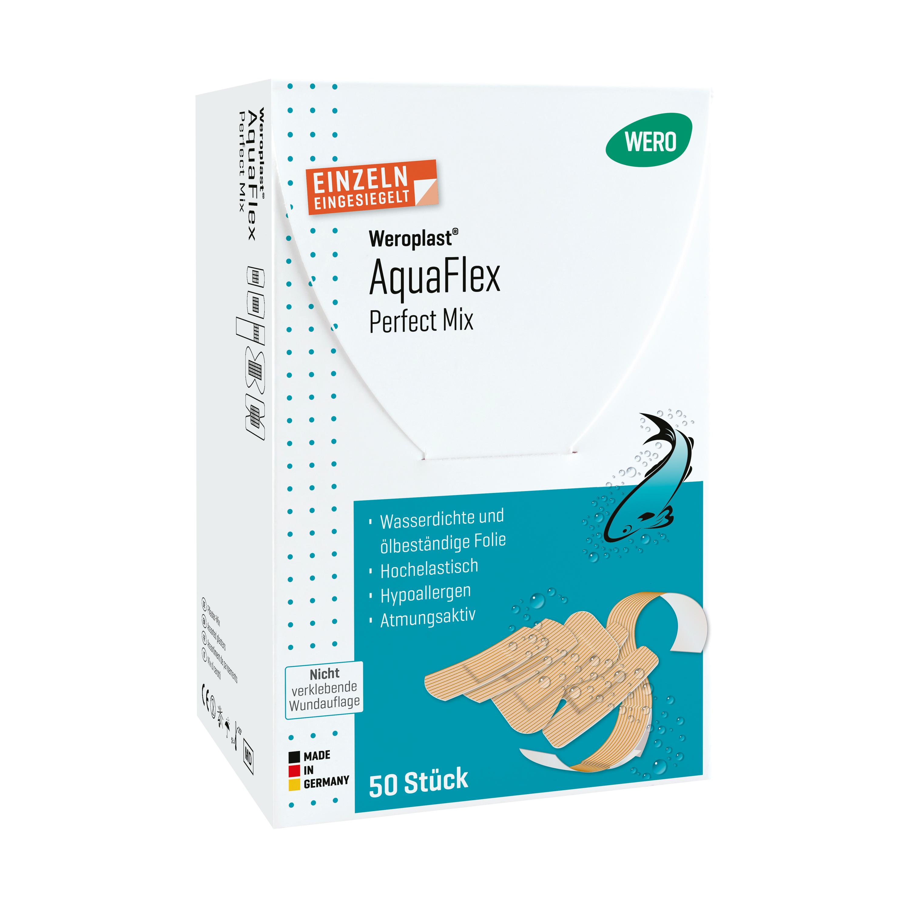 Eine Packung Weroplast® AquaFlex Pflaster - Perfect Mix mit türkisfarbener Beschriftung, die wasserdicht, hochflexibel und hypoallergen sind.