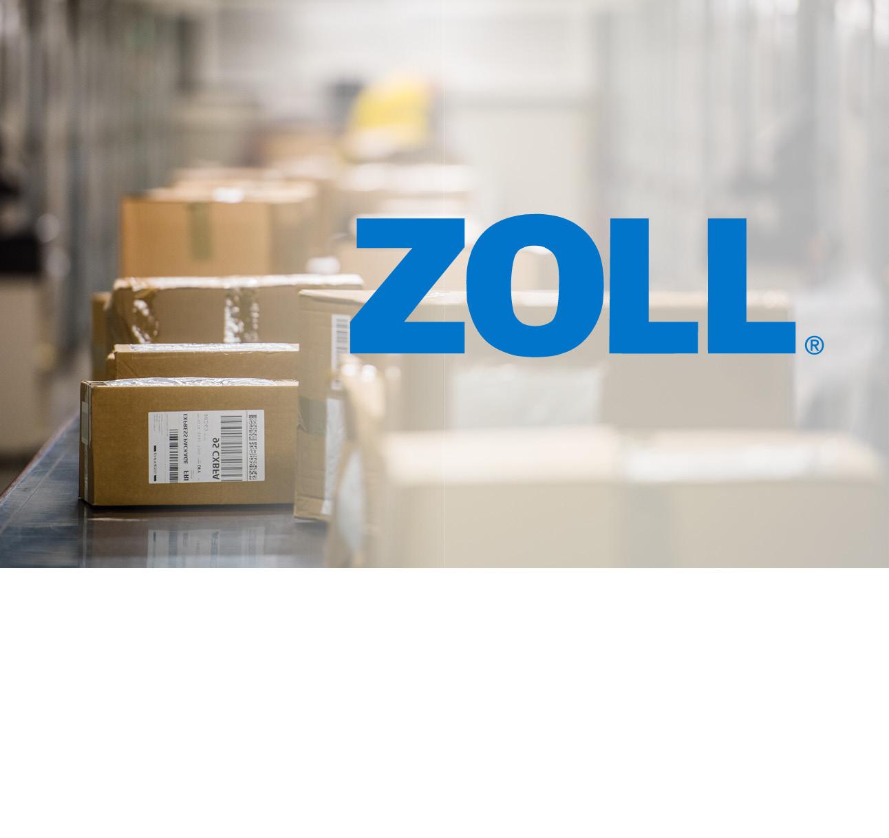 Im Hintergrund befinden sich zahlreiche Pakete in einem Lager. Im Vordergrund steht der Markenname "ZOLL".