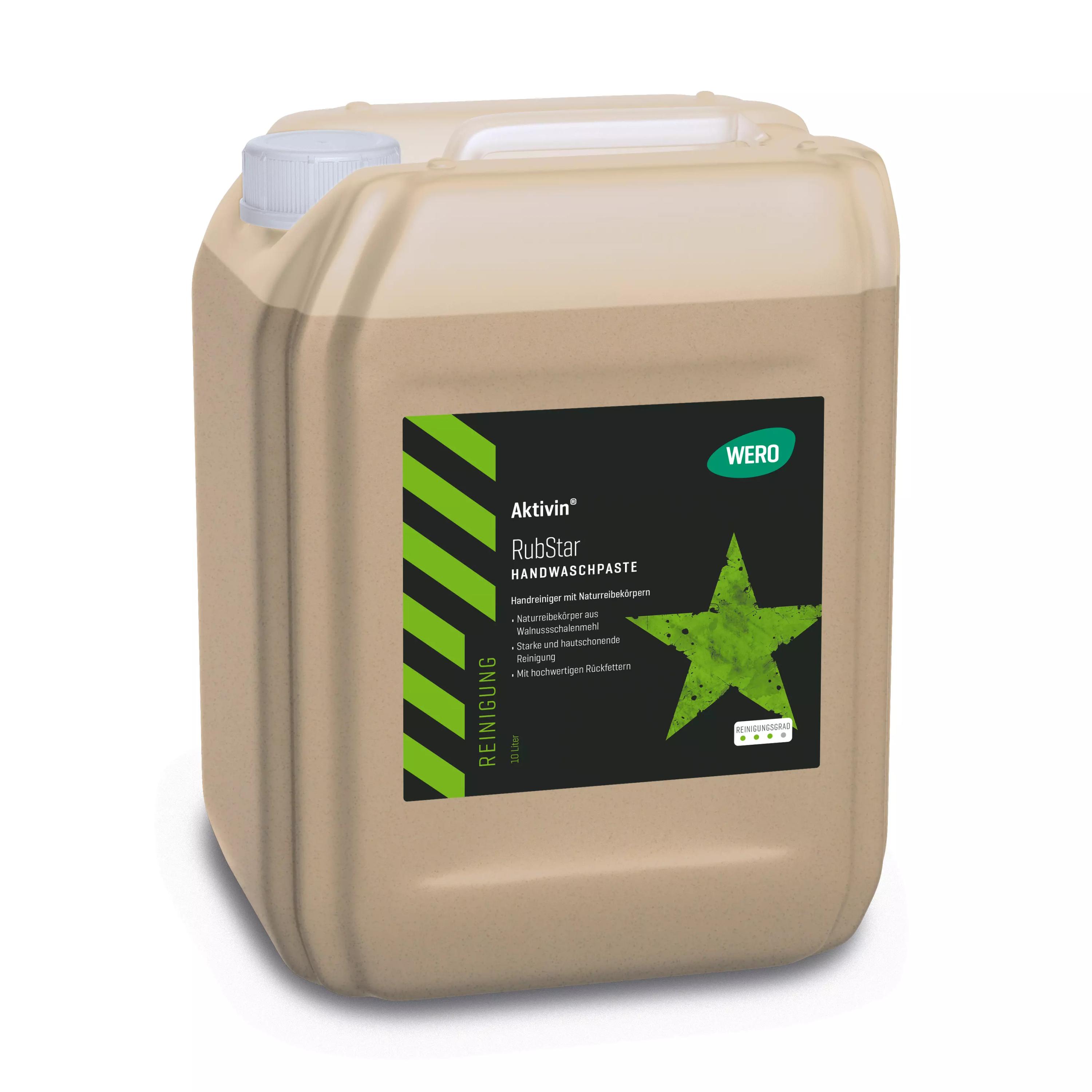Beiger Kanister Hautreinigung Aktivin® RubStar - Kanister, 10 Ltr mit grün-schwarzem Etikett, Griff und weiß-grauem Schraubdeckel für Handwaschpaste bei starken Verschmutzungen