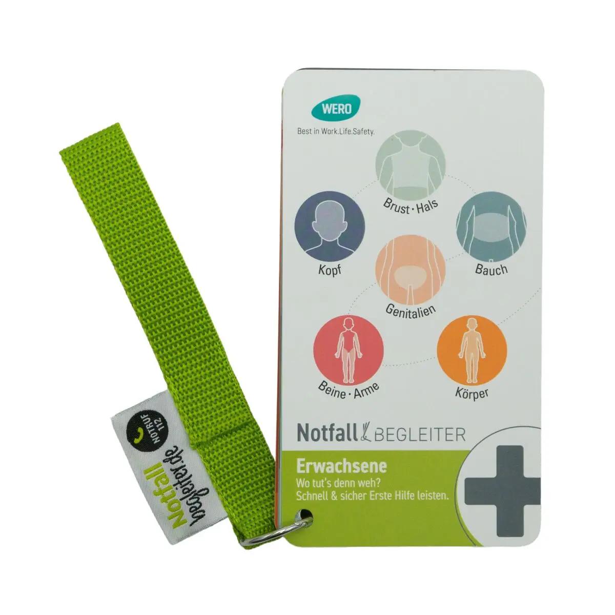 WERO Notfallbegleiter - Erste-Hilfe-Fächer mit sechs bunten Körperillustrationen, grünem Notfall-Lanyard und verständlichen Beschriftungen.