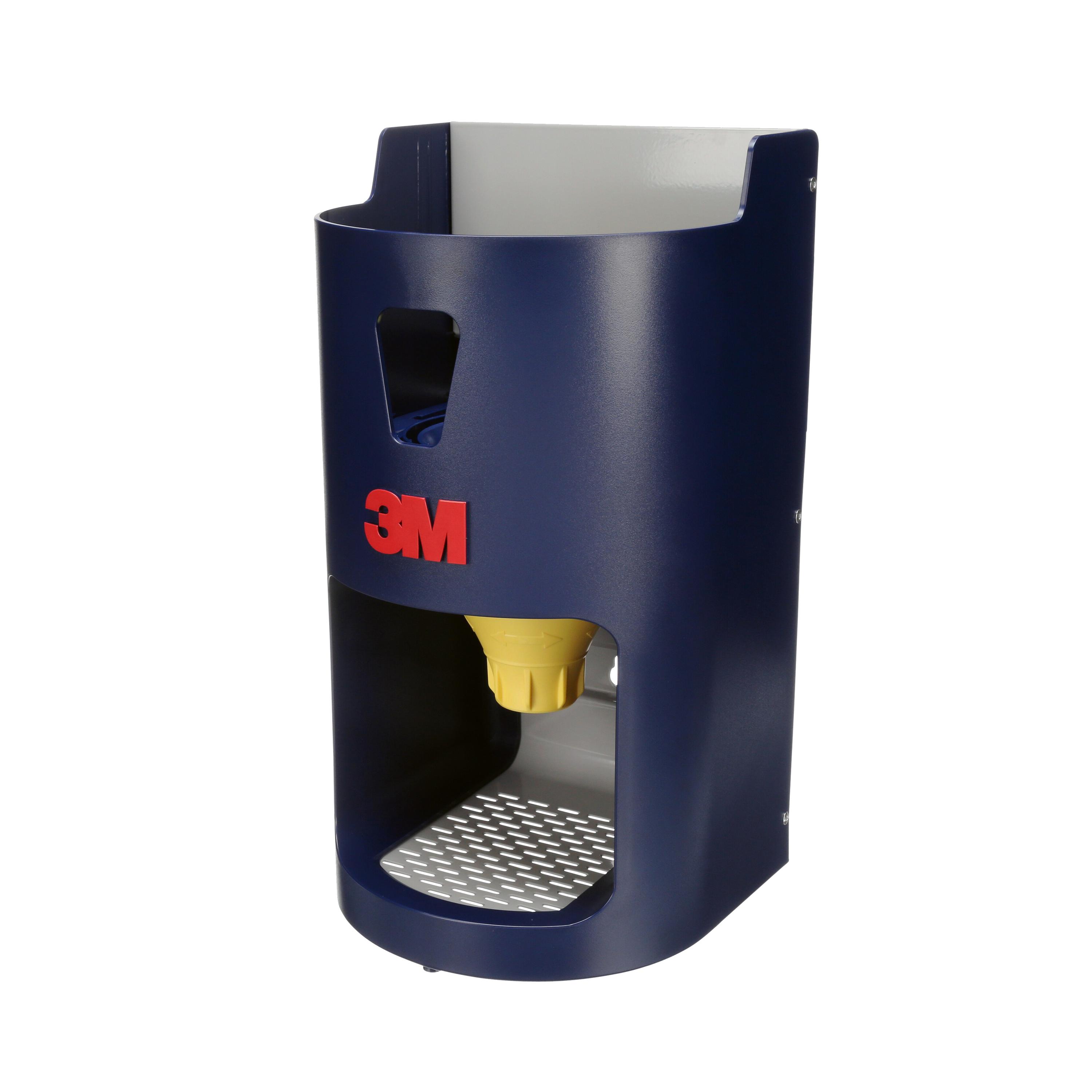 Der Kunststoffspender 3M™ One-Touch™ Pro, leer, zylindrisch in Blau mit silbernem Ausgabegitter und rotem 3M-Logo auf der Vorderseite.