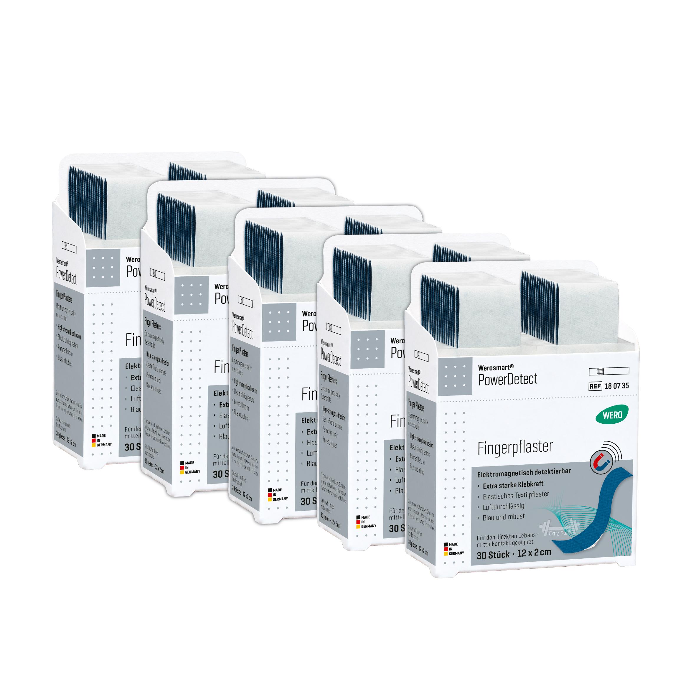 Fünf Werosmart® PowerDetect Pflasterspender-Einsätze Fingerpflaster, je 12 cm lang, gestaffelt in transparenten Boxen mit blauen, detektierbaren Pflastern.