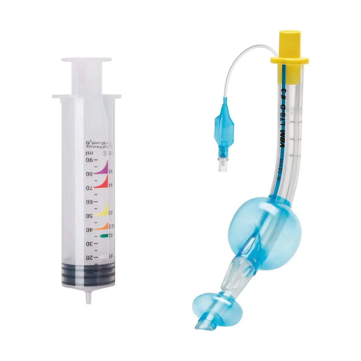 Larynx Tubus LTS-D, steril - S mit weißer Einmalspritze, blauem Tubus und gelbem Verschluss zur sicheren Atemwegssicherung.