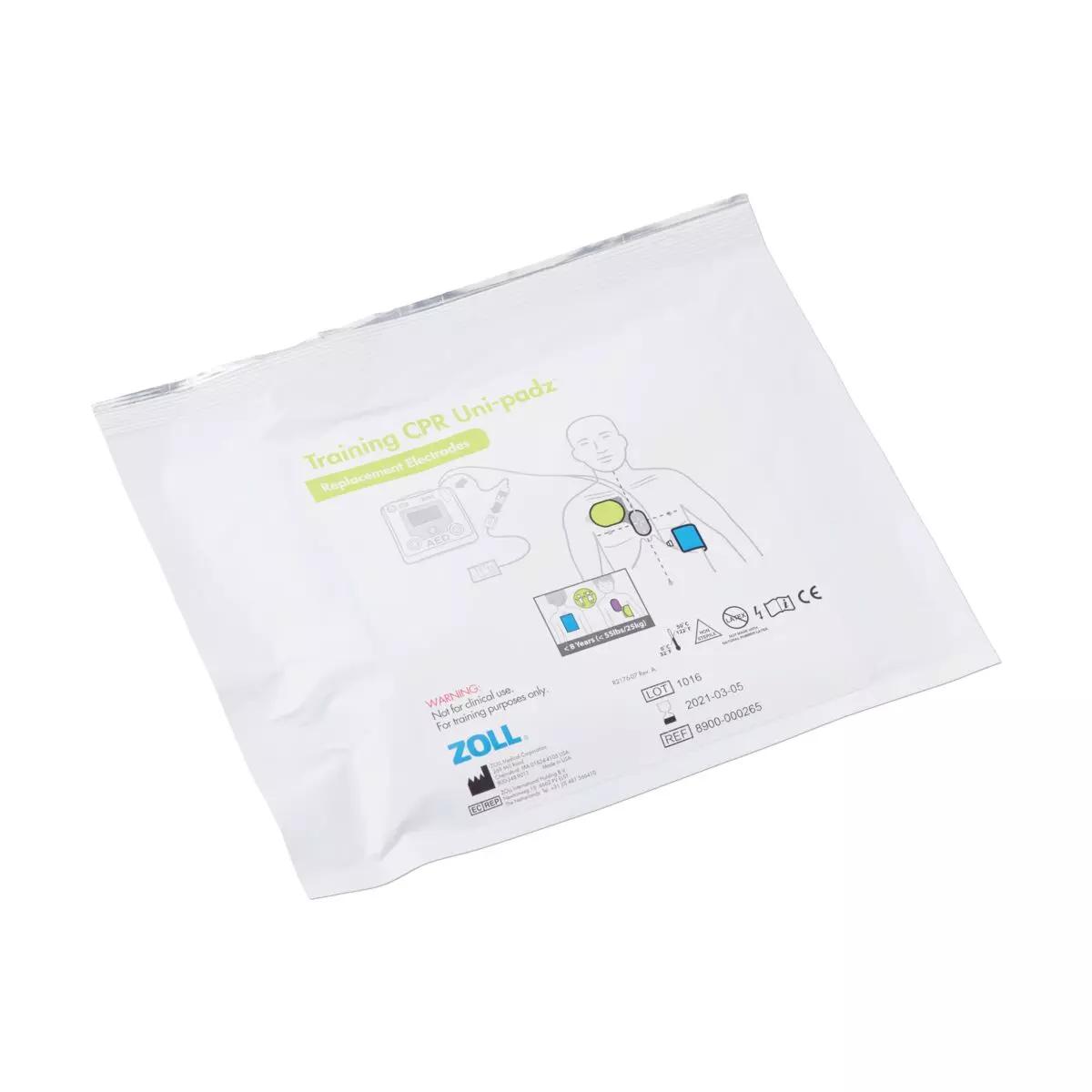 Versiegelte Packung Ersatz-Gel-Padz für Demo-Elektrode, 8 Stk, mit grüner und blauer Beschriftung sowie Anwendungspiktogrammen und Warnhinweisen.
