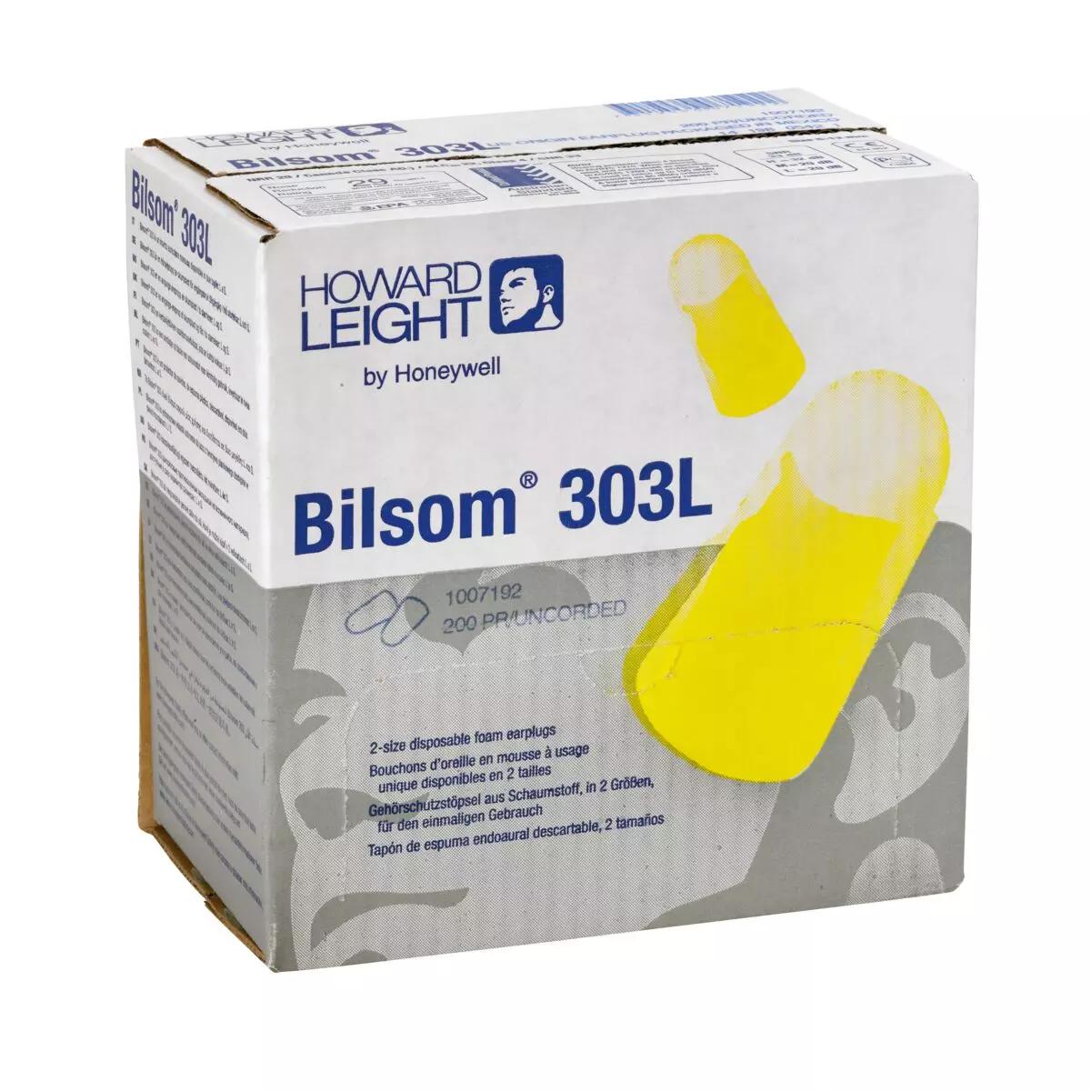 Weiße Kartonschachtel der Howard Leight Bilsom 303L Einweg-Ohrstöpsel mit Bild eines gelben Ohrstöpsels.