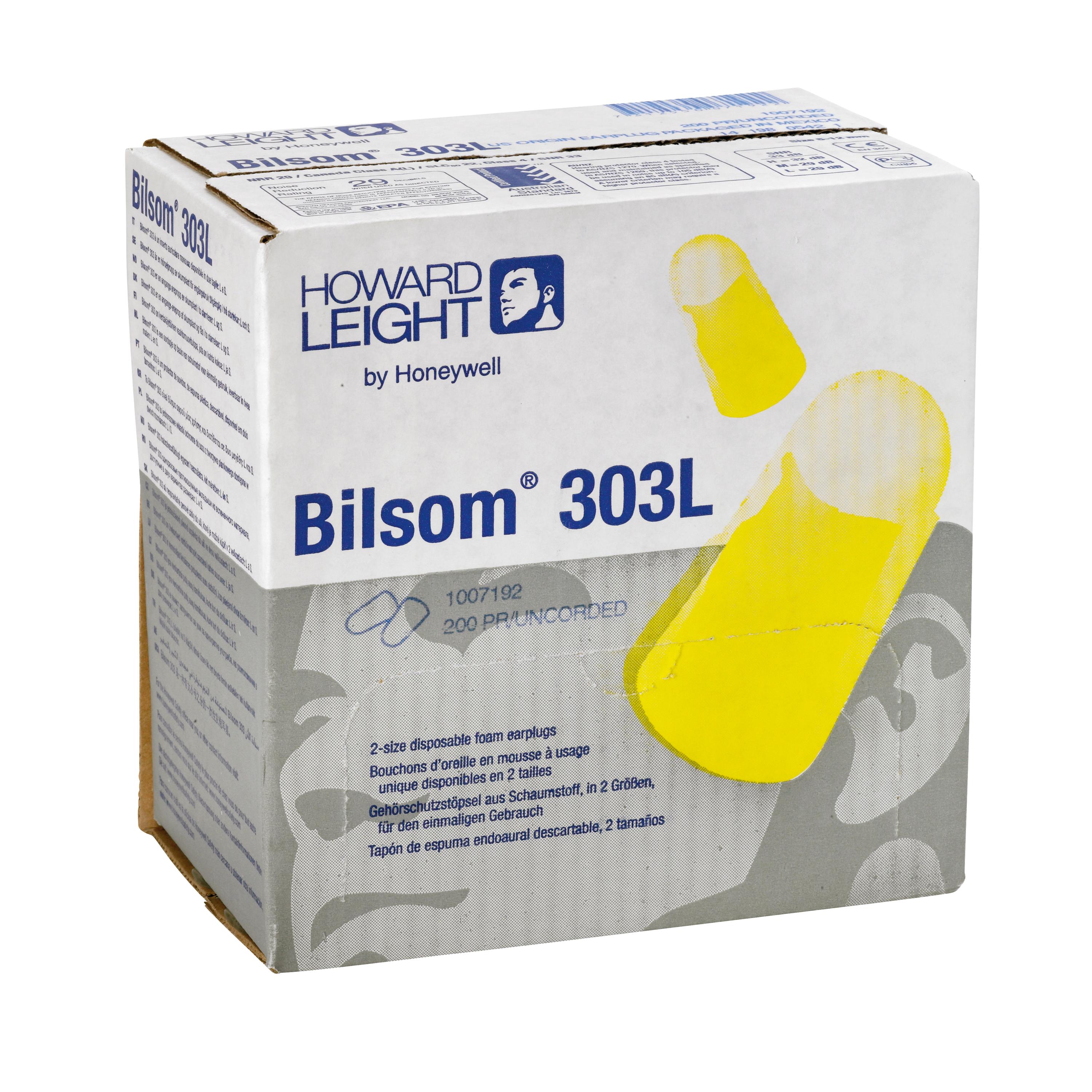 Weiße Kartonschachtel der Howard Leight Bilsom 303L Einweg-Ohrstöpsel mit Bild eines gelben Ohrstöpsels.