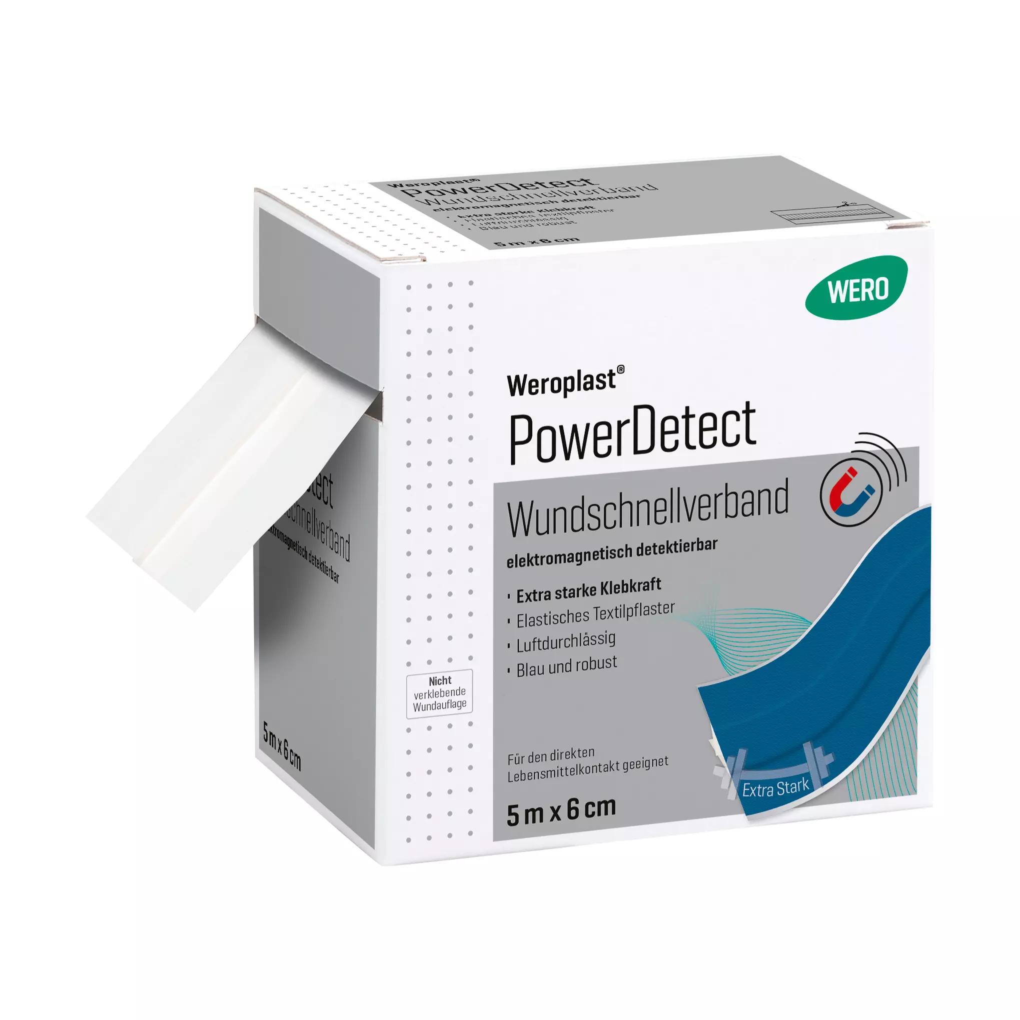Eine rechteckige Schachtel Wundschnellverband Weroplast® PowerDetect - 6 cm, 5 m mit blauer, detektierbarer, längs- und querelastischer Binde.