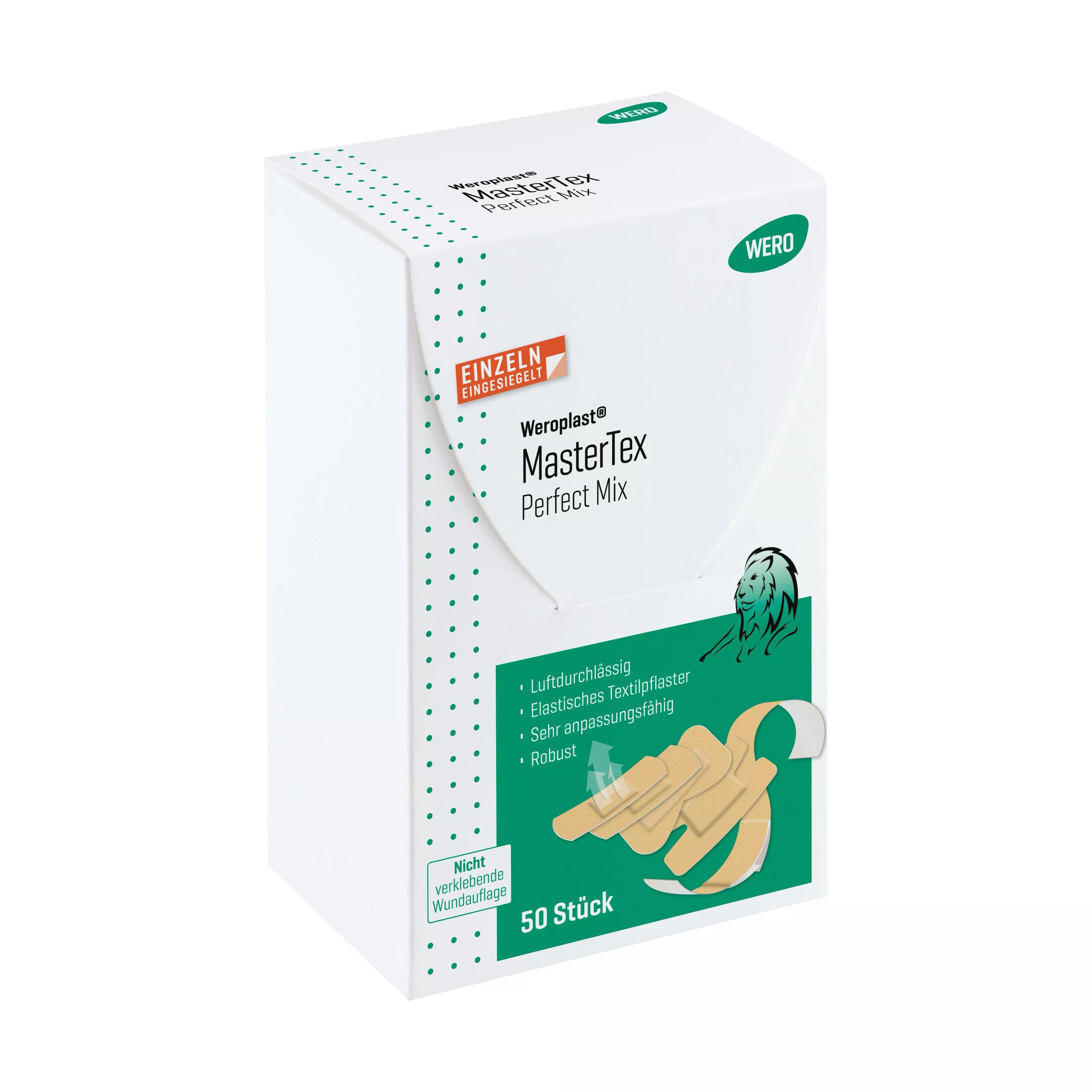 Eine weiße Box mit grünen Punkten, WERO-Logo und Löwenmotiv präsentiert das Pflasterset Weroplast® MasterTex - Perfect Mix mit 50 Stück.