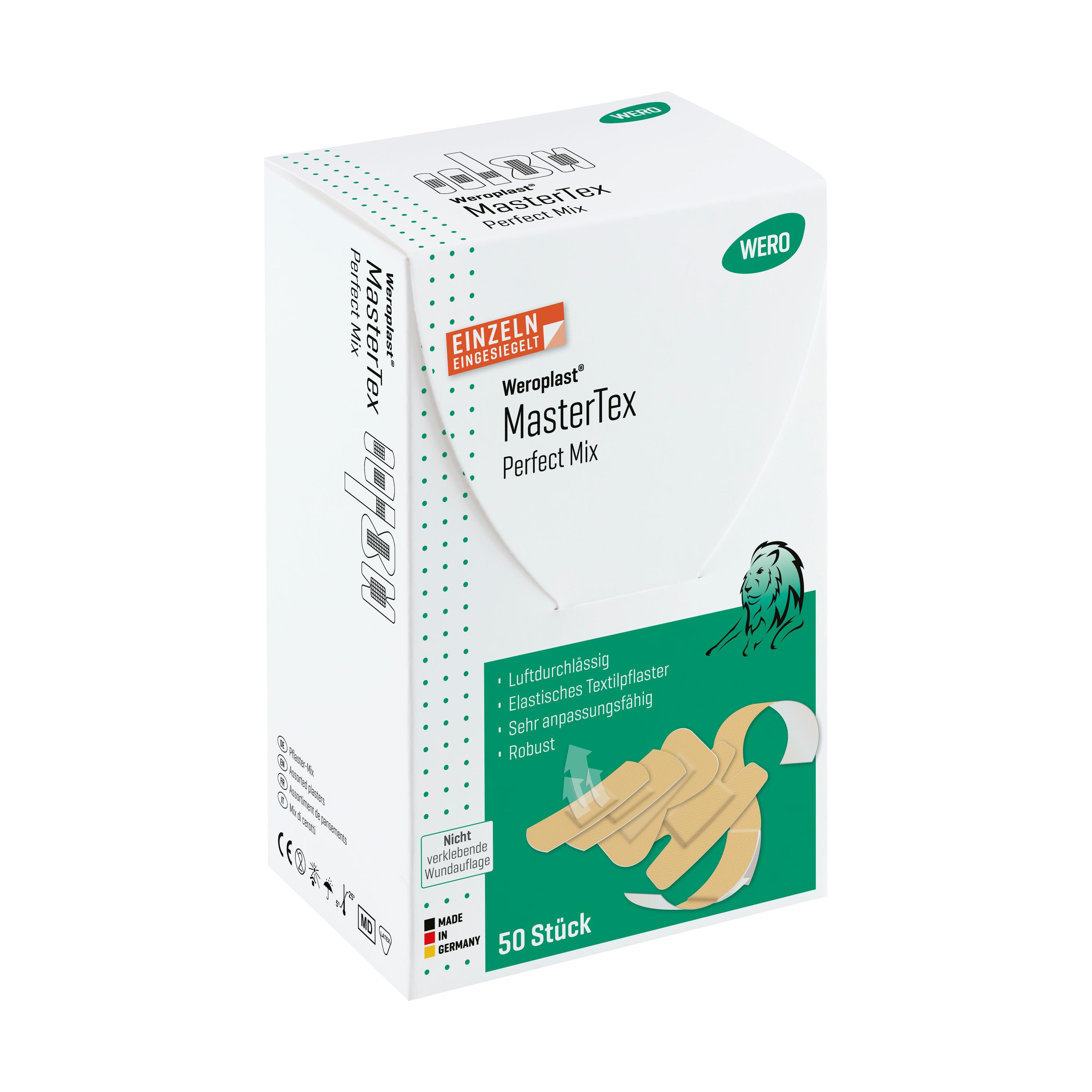 Eine weiße Box mit grünen Punkten, WERO-Logo und Löwenmotiv präsentiert das Pflasterset Weroplast® MasterTex - Perfect Mix mit 50 Stück.