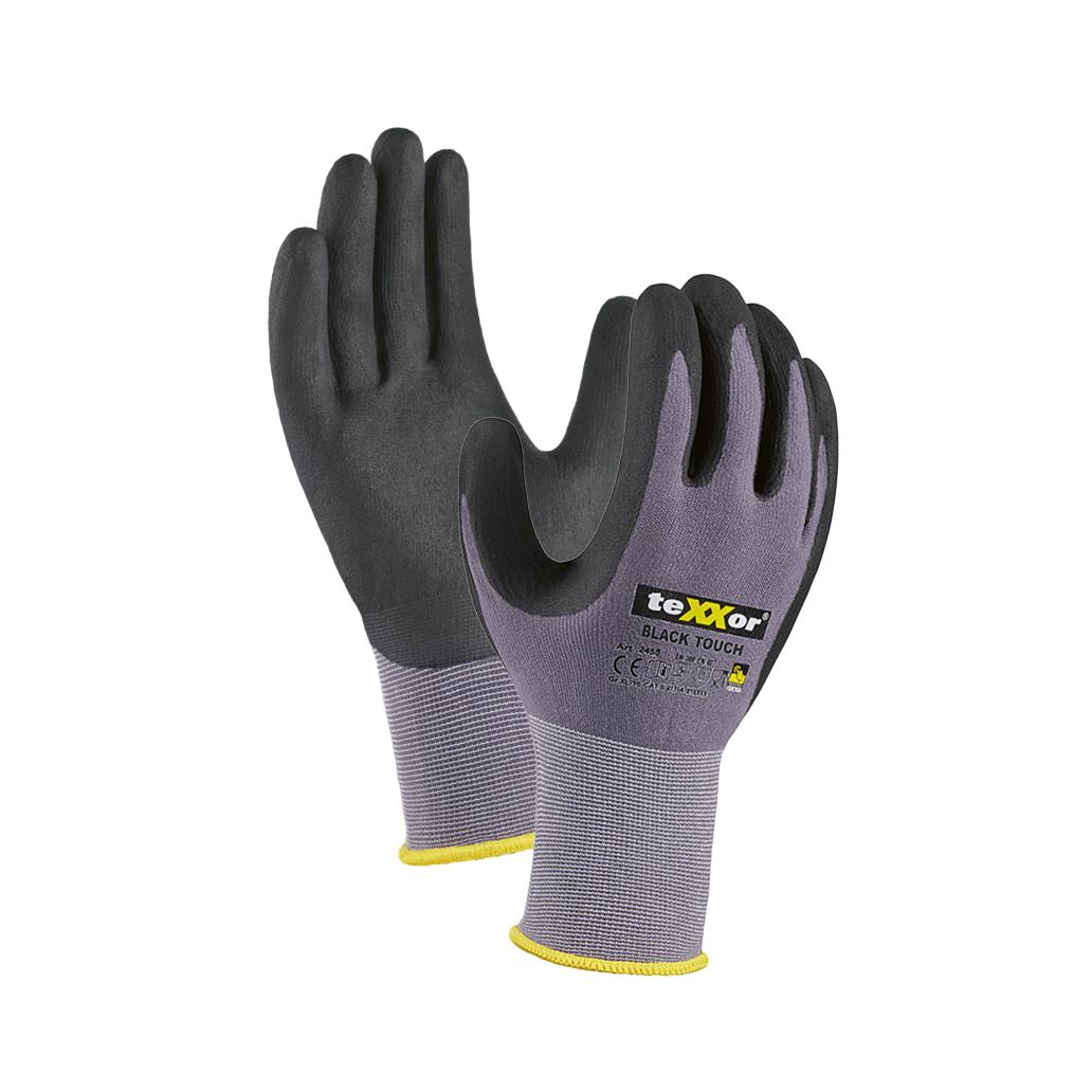 Zwei Nylon-Strickhandschuhe teXXor BLACK TOUCH in Größe 10 mit grauer Innenfläche, schwarzem Handrücken und gelbem Bund liegen nebeneinander.