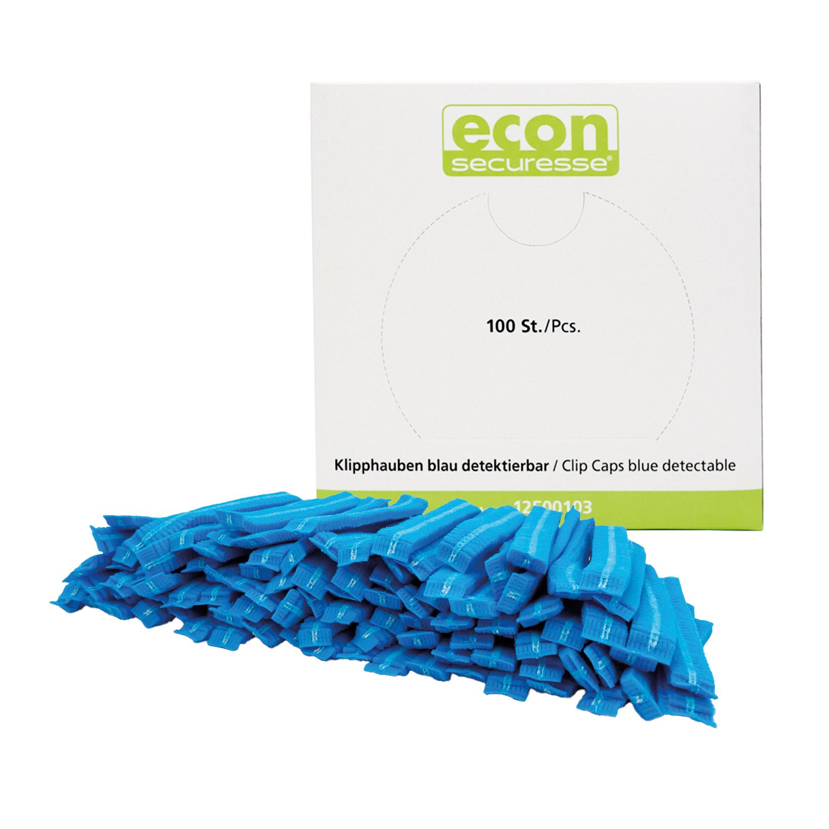 Einweghaube, 100 Stk - Blau, detektierbar in Spenderbox mit geöffnetem Ausgabefach und mehreren blauen, atmungsaktiven Cliphauben davor.