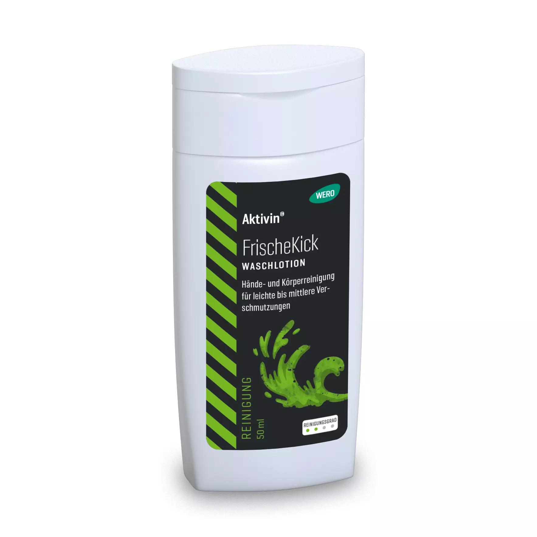Alt-Text: Eine Waschlotion Aktivin® FrischeKick - Probiergröße, 50 ml mit grünem Etikett und weißem Klappverschluss steht aufrecht.