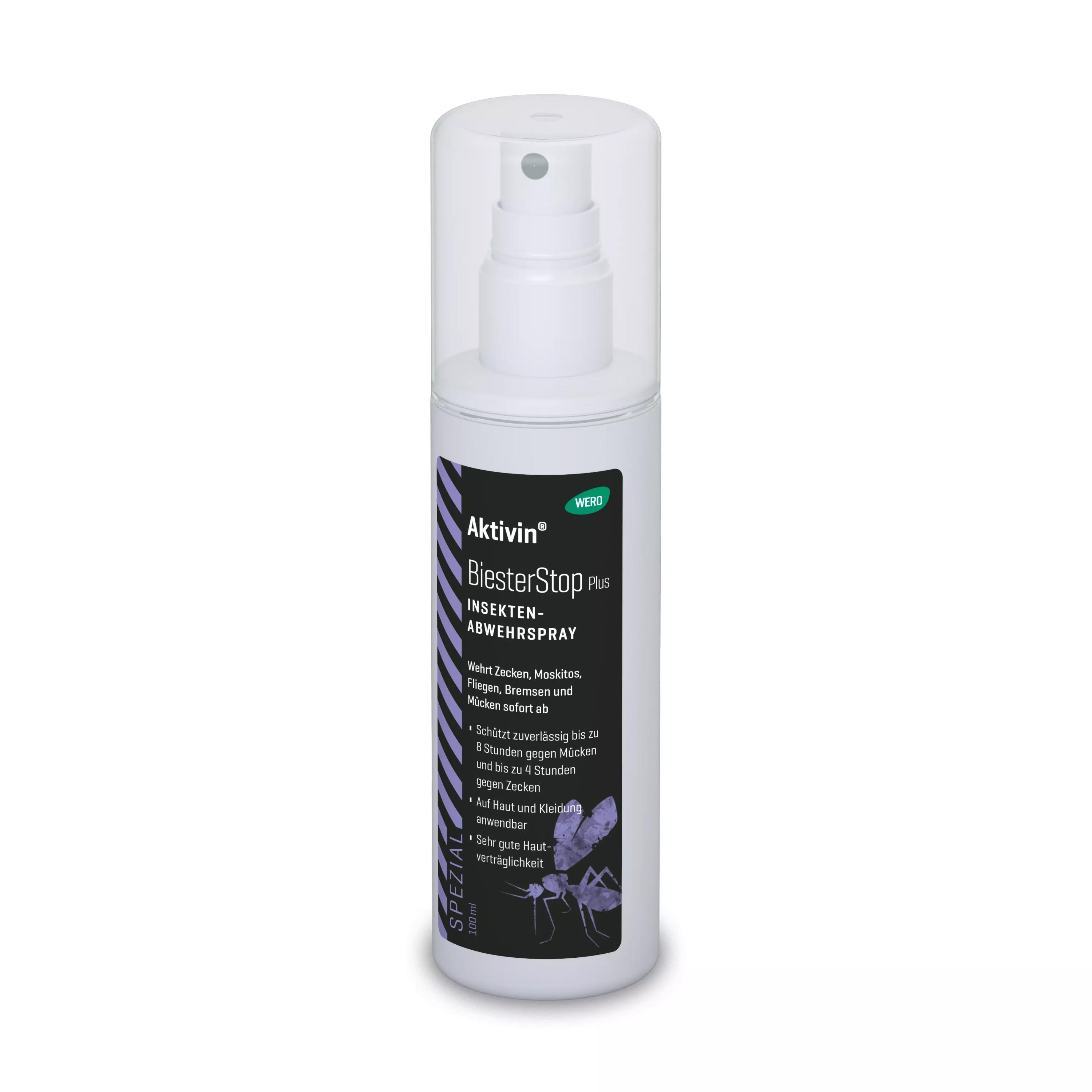 Weiße Insektenabwehrspray-Flasche Aktivin® BiesterStop Plus 100 ml mit Sprühkopf und zweisprachigem Etikett, violette Insektengrafiken, klarer Deckel