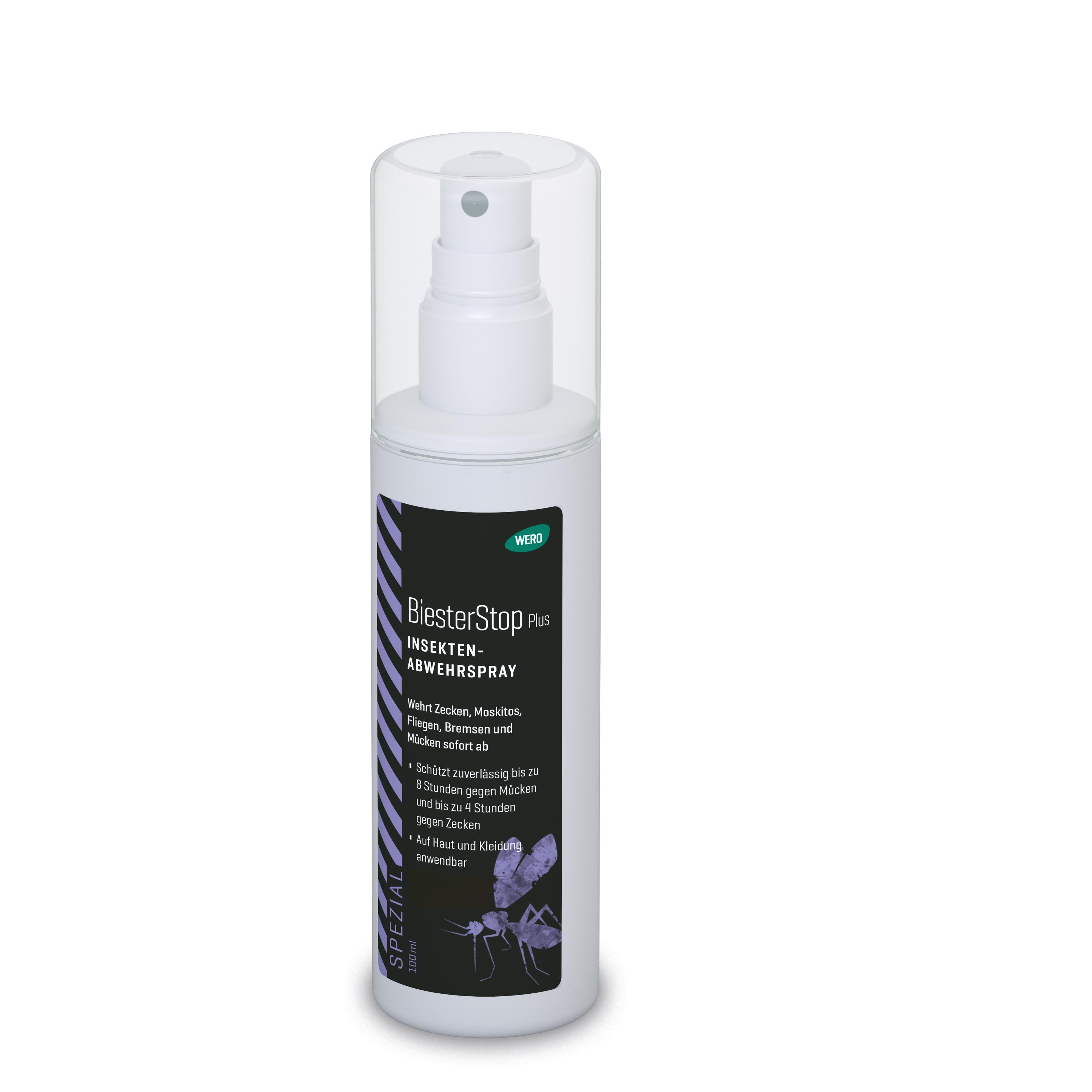 Weiße Insektenabwehrspray-Flasche Aktivin® BiesterStop Plus 100 ml mit Sprühkopf und zweisprachigem Etikett, violette Insektengrafiken, klarer Deckel