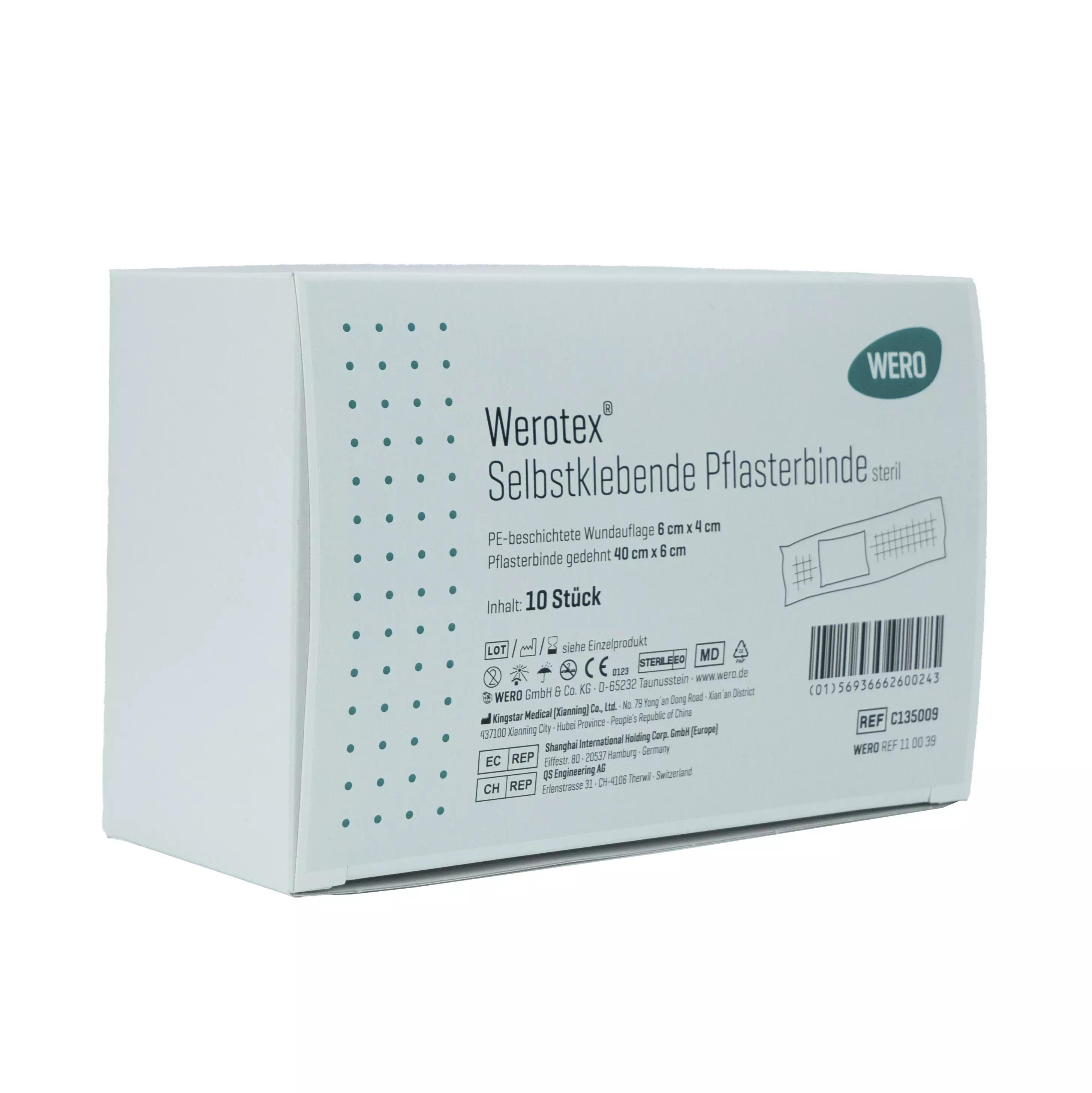 Die Verpackung von Werotex® selbstklebende Pflasterbinde, steril - 10 Stk zeigt eine sterile, elastische Pflasterbinde mit saugstarker Wundauflage und sicherer Haftung.
