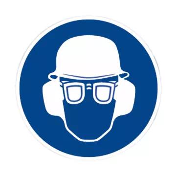 Weiße Silhouette trägt Helm, Gesichtsschutz und Schutzbrille im blauen Kreis; Gebotszeichen: Gehörschutz, Augenschutz und Kopfschutz benutzen.