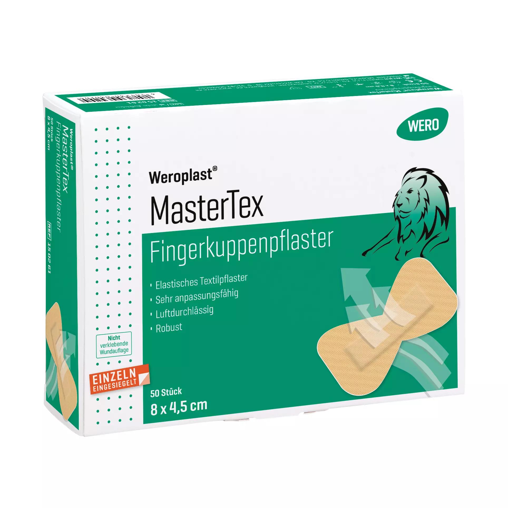 Weiße Schachtel Fingerkuppenpflaster Weroplast® MasterTex mit 50 Stück, textiler Gewebequalität und hoher Anpassungsfähigkeit, grünem Etikett und Löwenlogo.